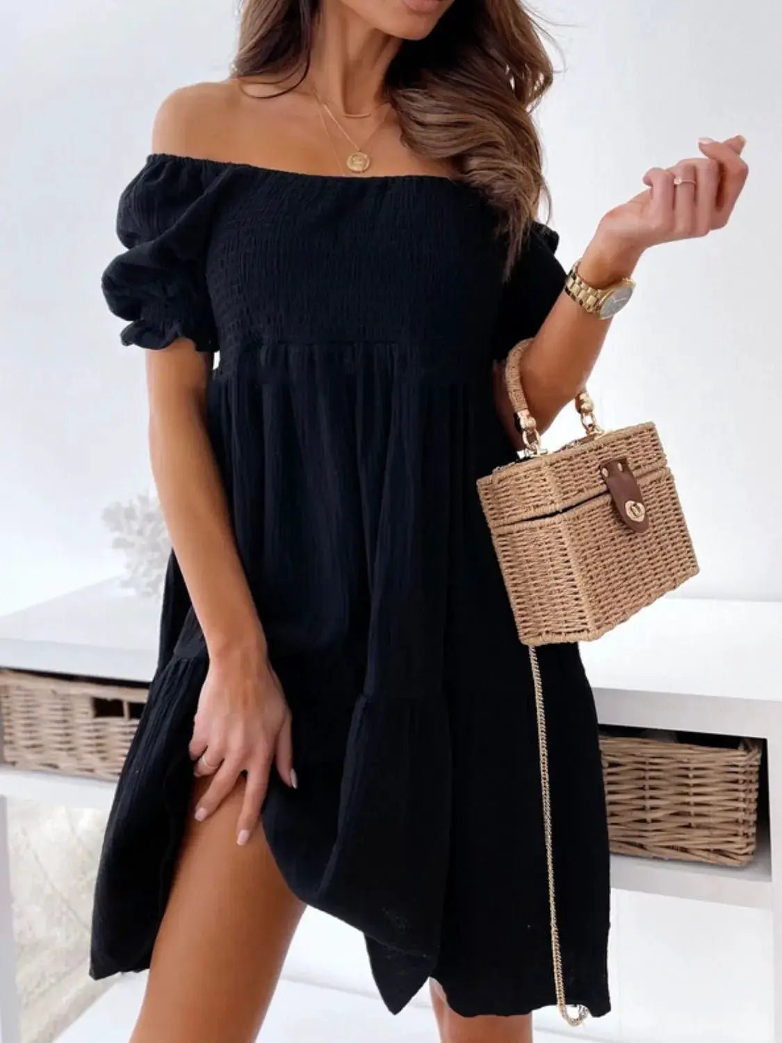 Smocked Off Shoulder Mini Dress Polyester Not Lined For Women Summer - Fritsch & Co.