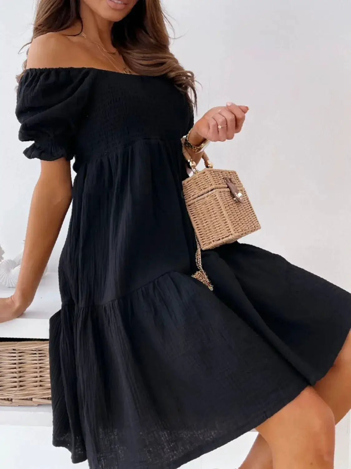 Smocked Off Shoulder Mini Dress Polyester Not Lined For Women Summer - Fritsch & Co.