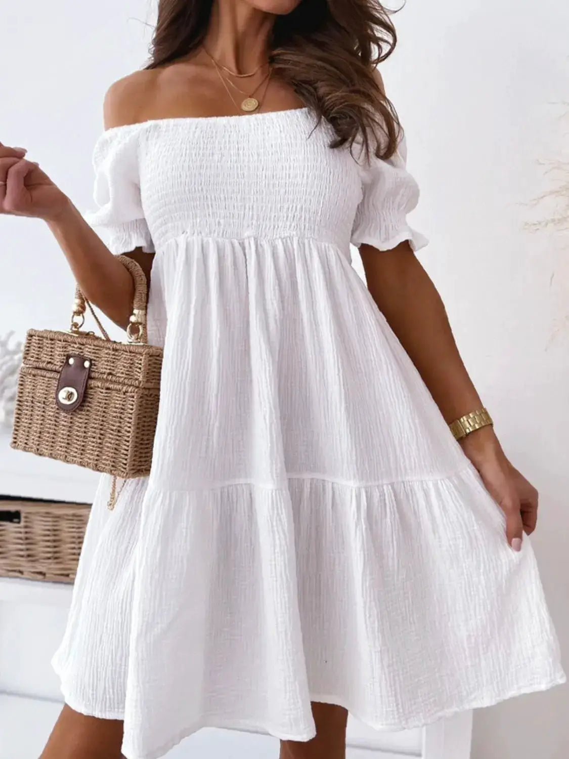 Smocked Off Shoulder Mini Dress Polyester Not Lined For Women Summer - Fritsch & Co.