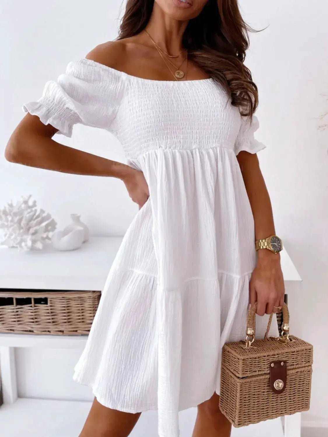 Smocked Off Shoulder Mini Dress Polyester Not Lined For Women Summer - Fritsch & Co.