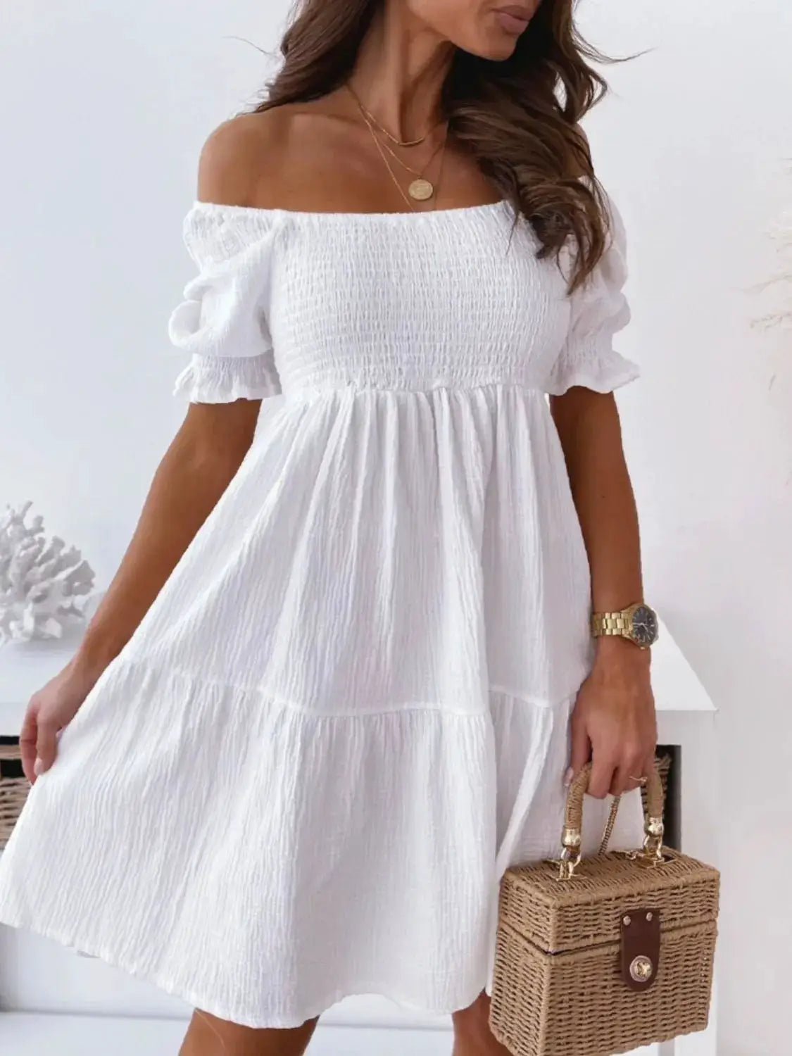 Smocked Off Shoulder Mini Dress Polyester Not Lined For Women Summer - Fritsch & Co.