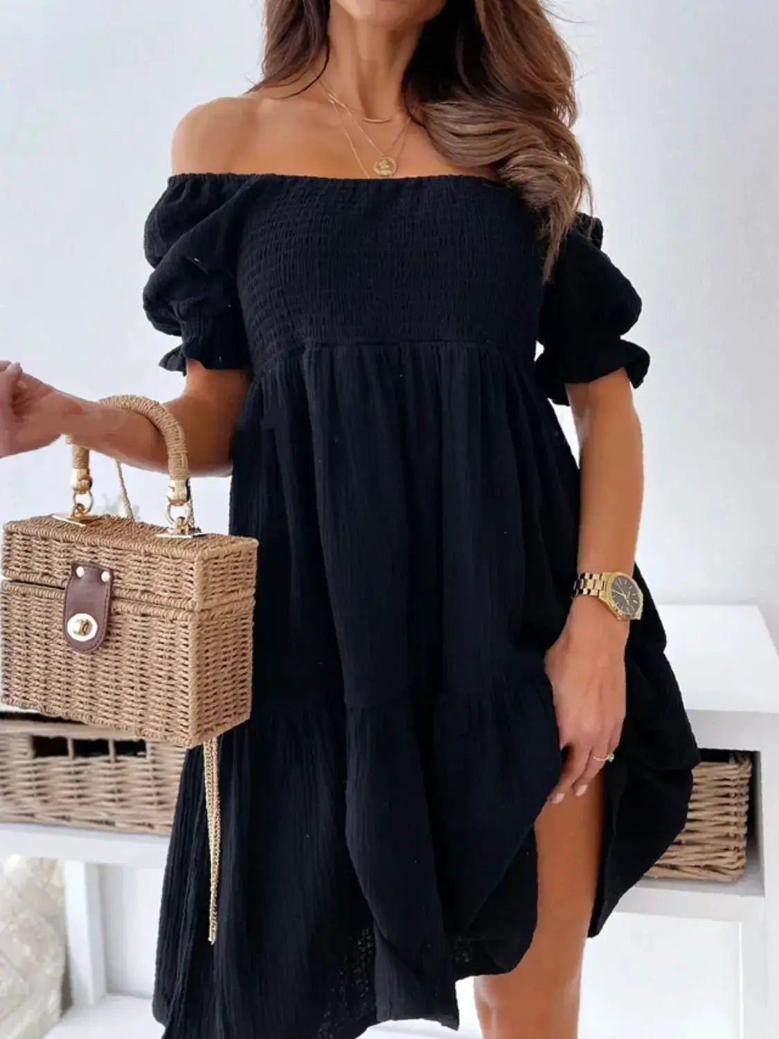 Smocked Off Shoulder Mini Dress Polyester Not Lined For Women Summer - Fritsch & Co.