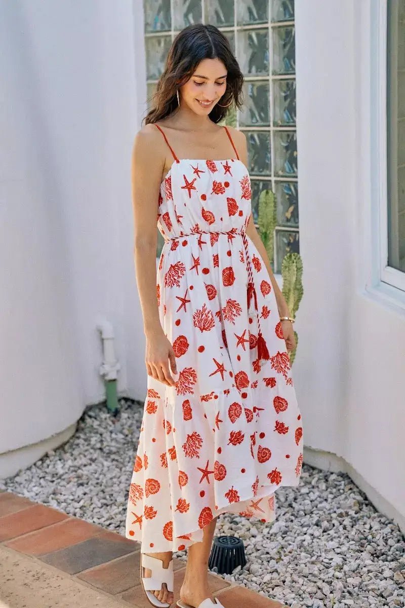 SO ME Shell Print Tiered Lined Midi Cami Dress With Belt - Fritsch & Co.