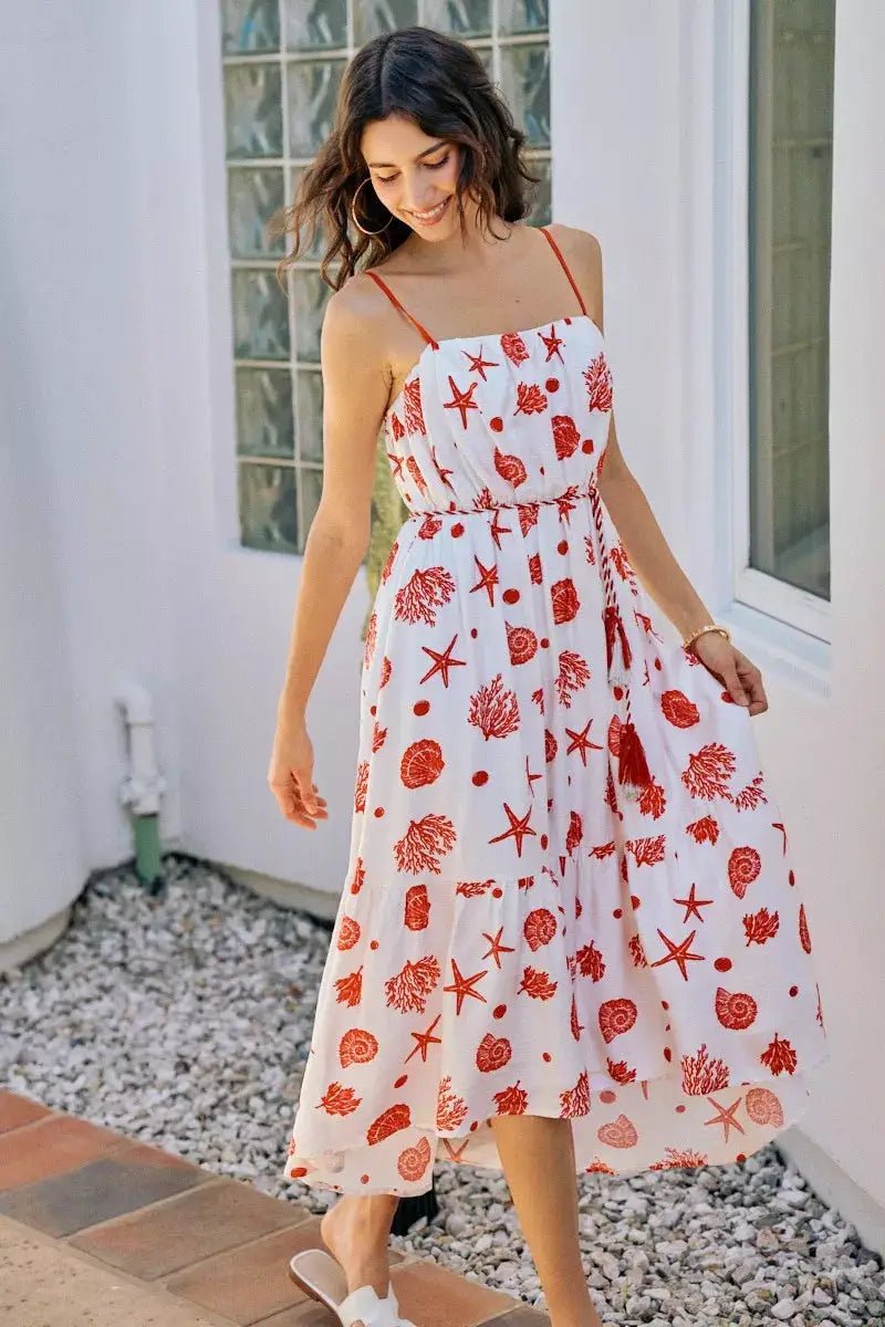 SO ME Shell Print Tiered Lined Midi Cami Dress With Belt - Fritsch & Co.