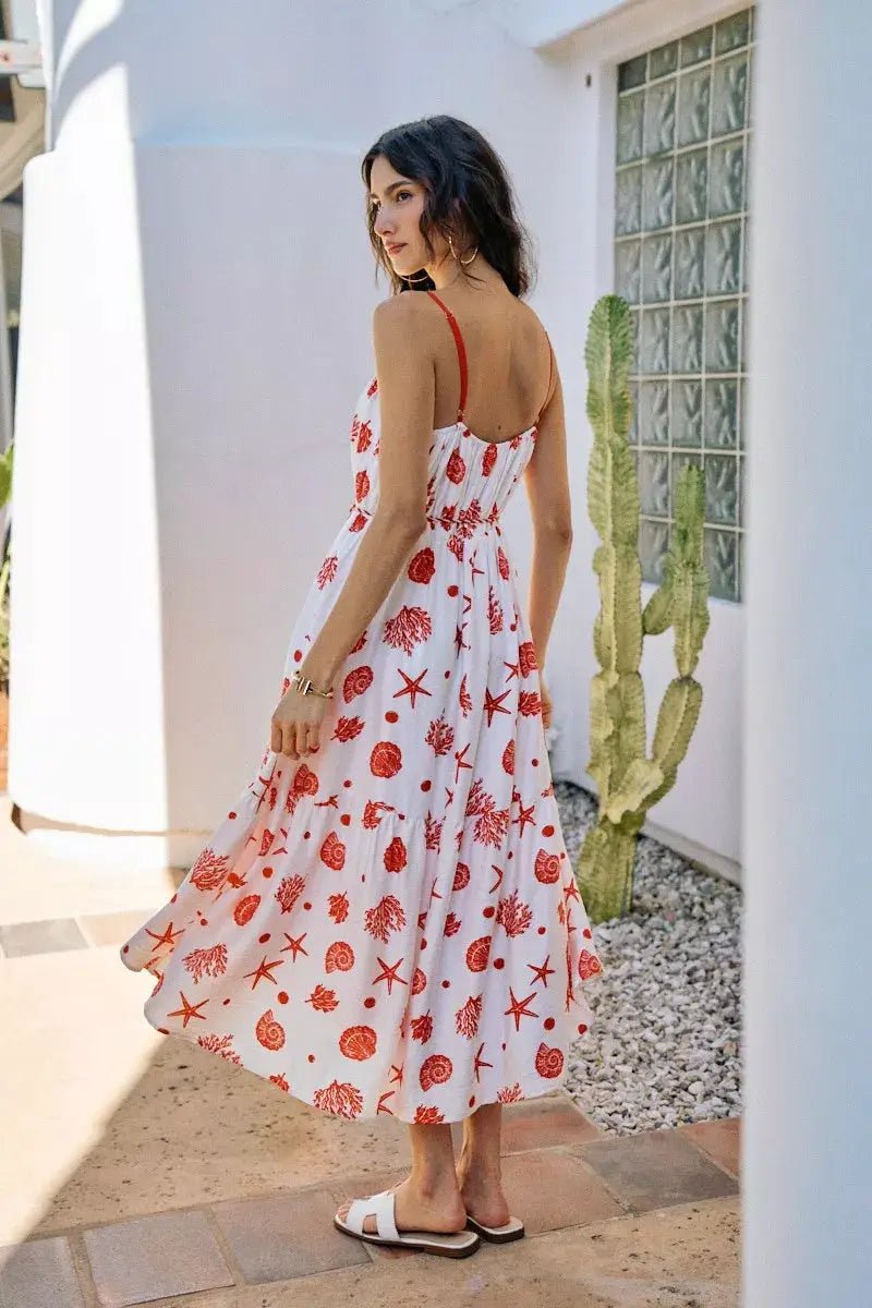 SO ME Shell Print Tiered Lined Midi Cami Dress With Belt - Fritsch & Co.