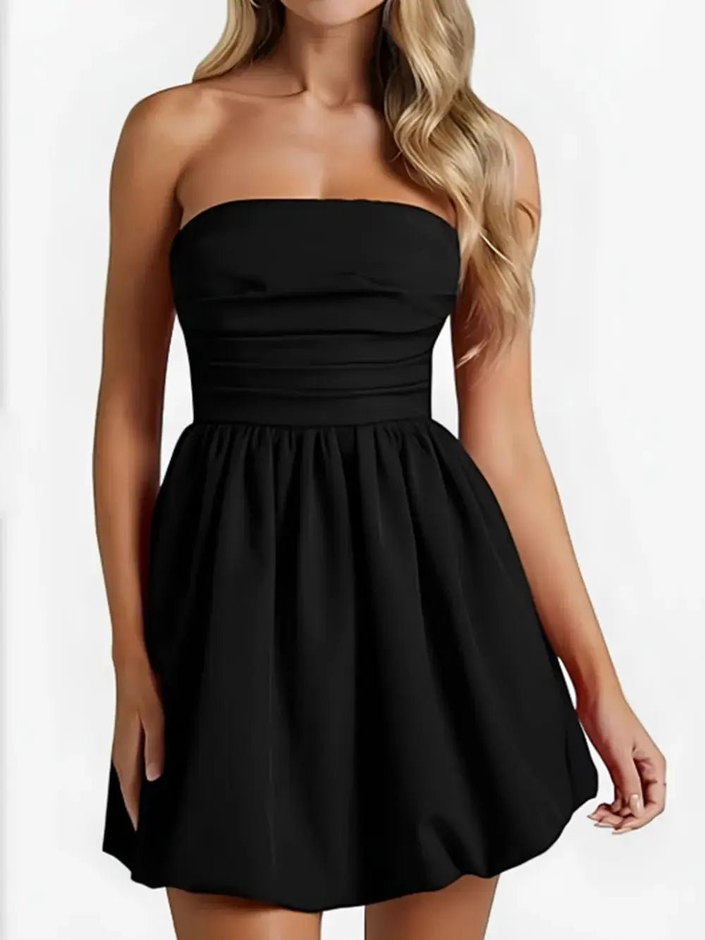 Strapless Ruched Tube Mini Dress Black for Evening Wear - Fritsch & Co.