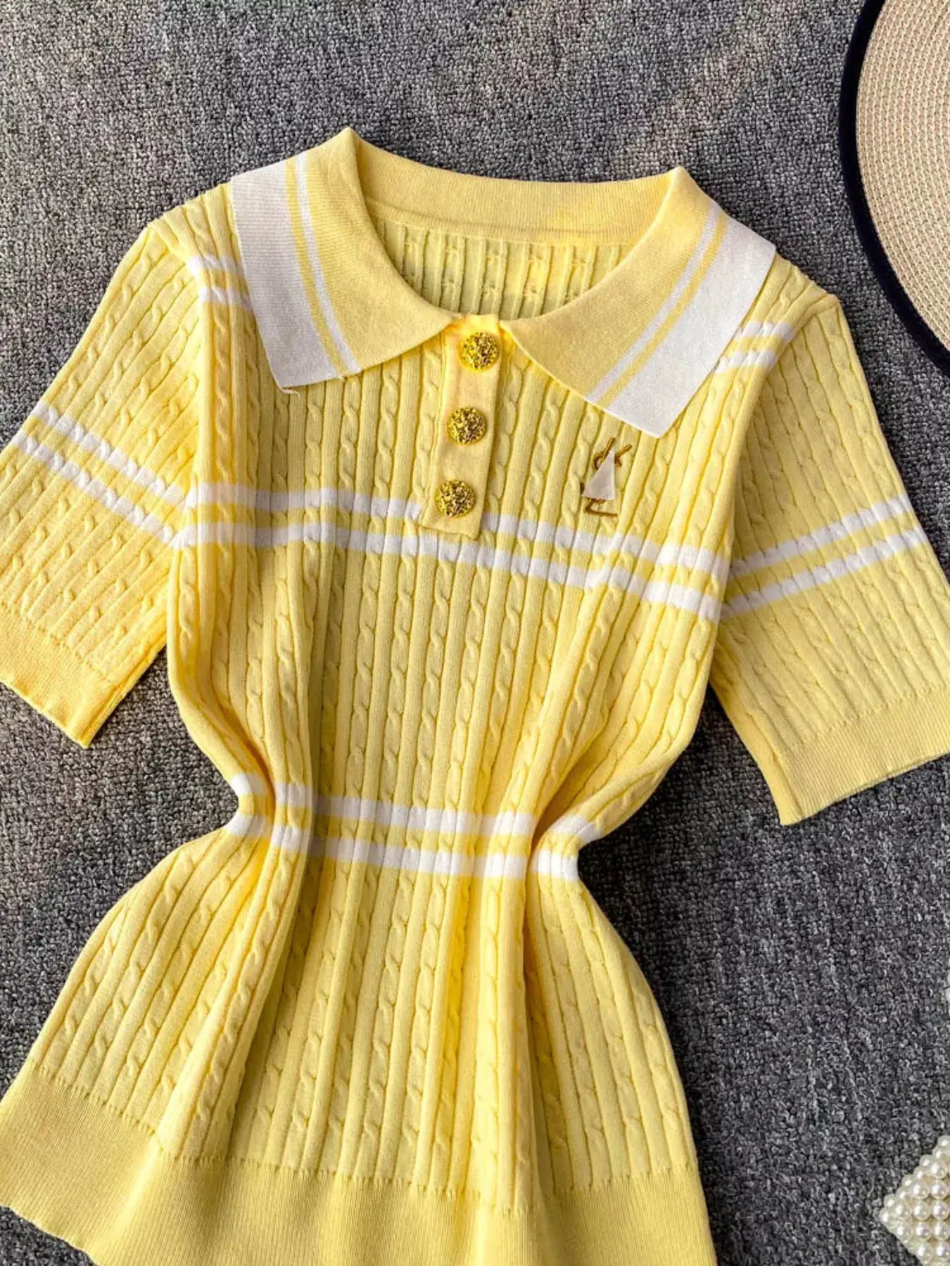 Striped Knit Polo Collar Top For Women With Button Front And Stretch - Fritsch & Co.