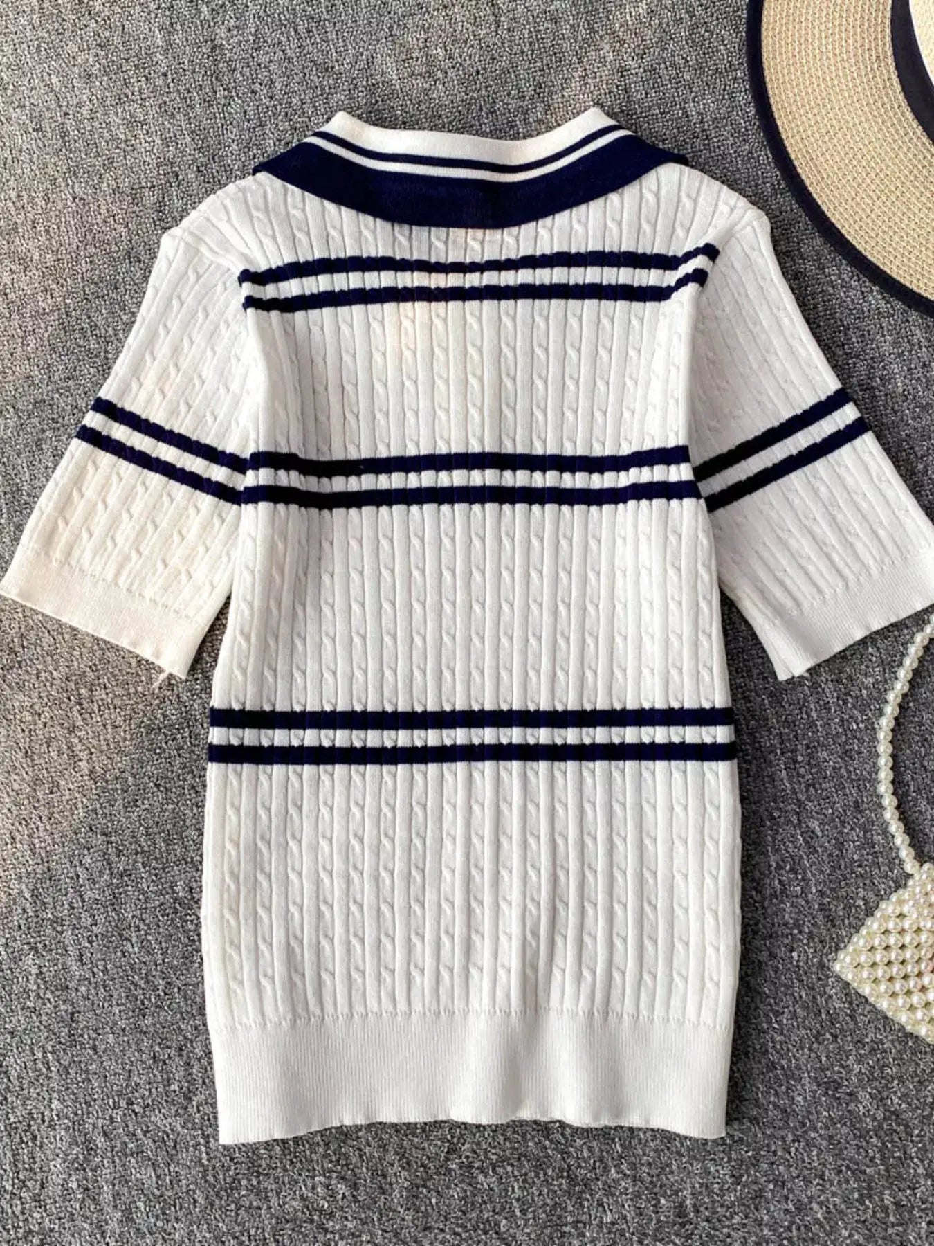 Striped Knit Polo Collar Top For Women With Button Front And Stretch - Fritsch & Co.