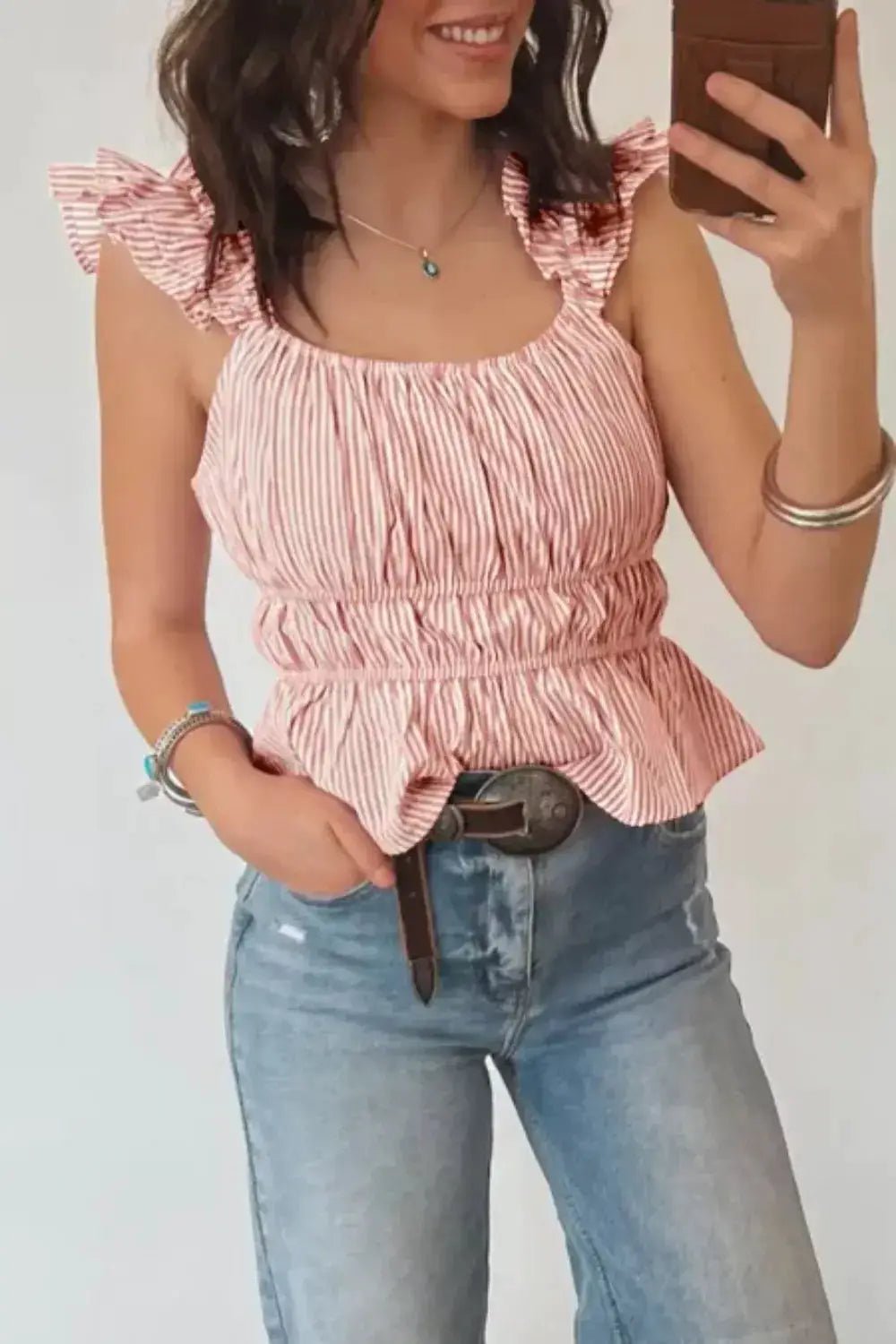 Striped Smocked Waist Ruffle Sleeve Blouse for Women - Fritsch & Co.