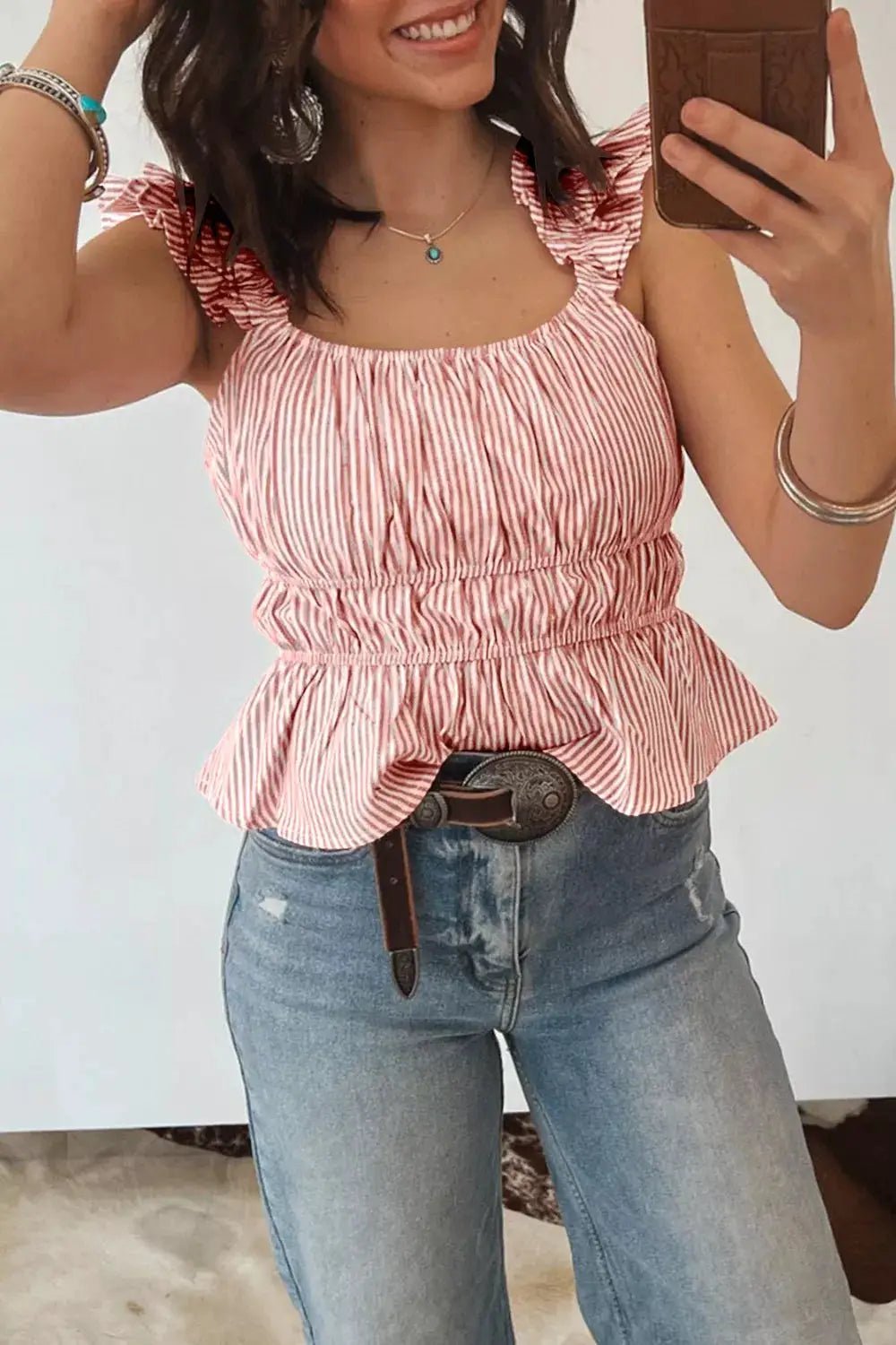 Striped Smocked Waist Ruffle Sleeve Blouse for Women - Fritsch & Co.