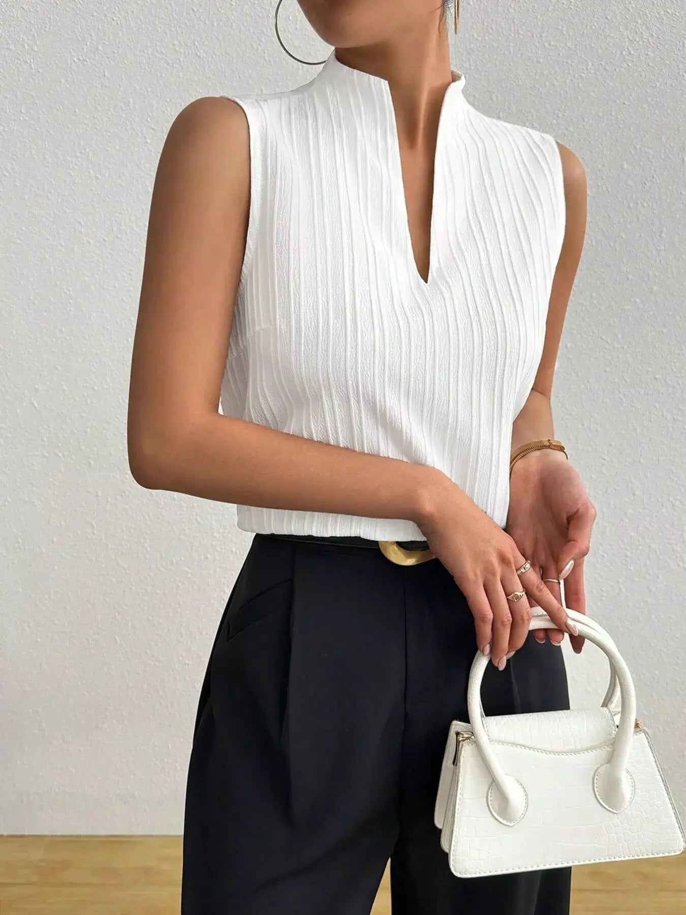 Textured Notched Sleeveless Top For Women Workwear Sleek Modern Fit - Fritsch & Co.