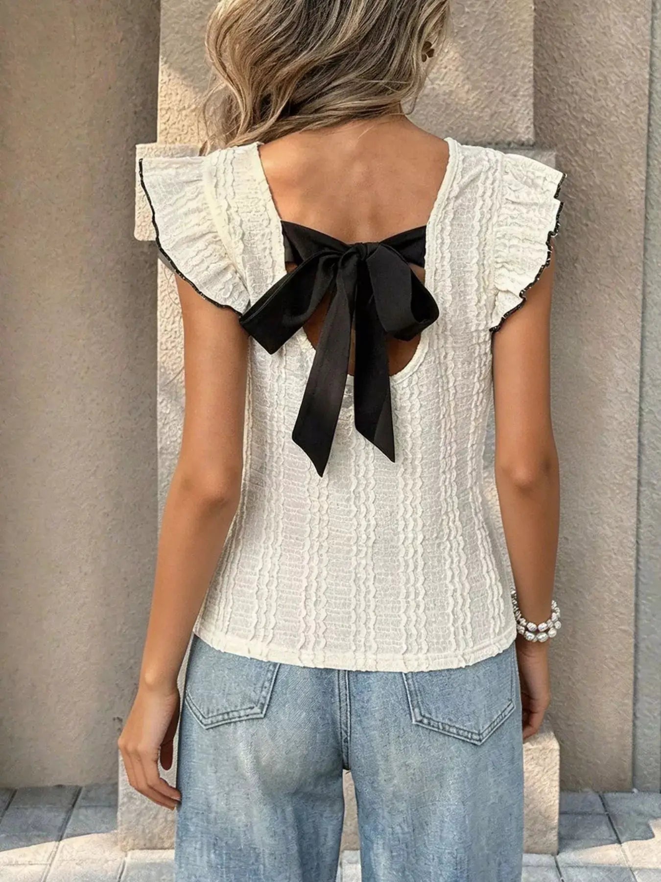Textured Ruffle Sleeve Slim Fit Top for Women Casual Everyday - Fritsch & Co.