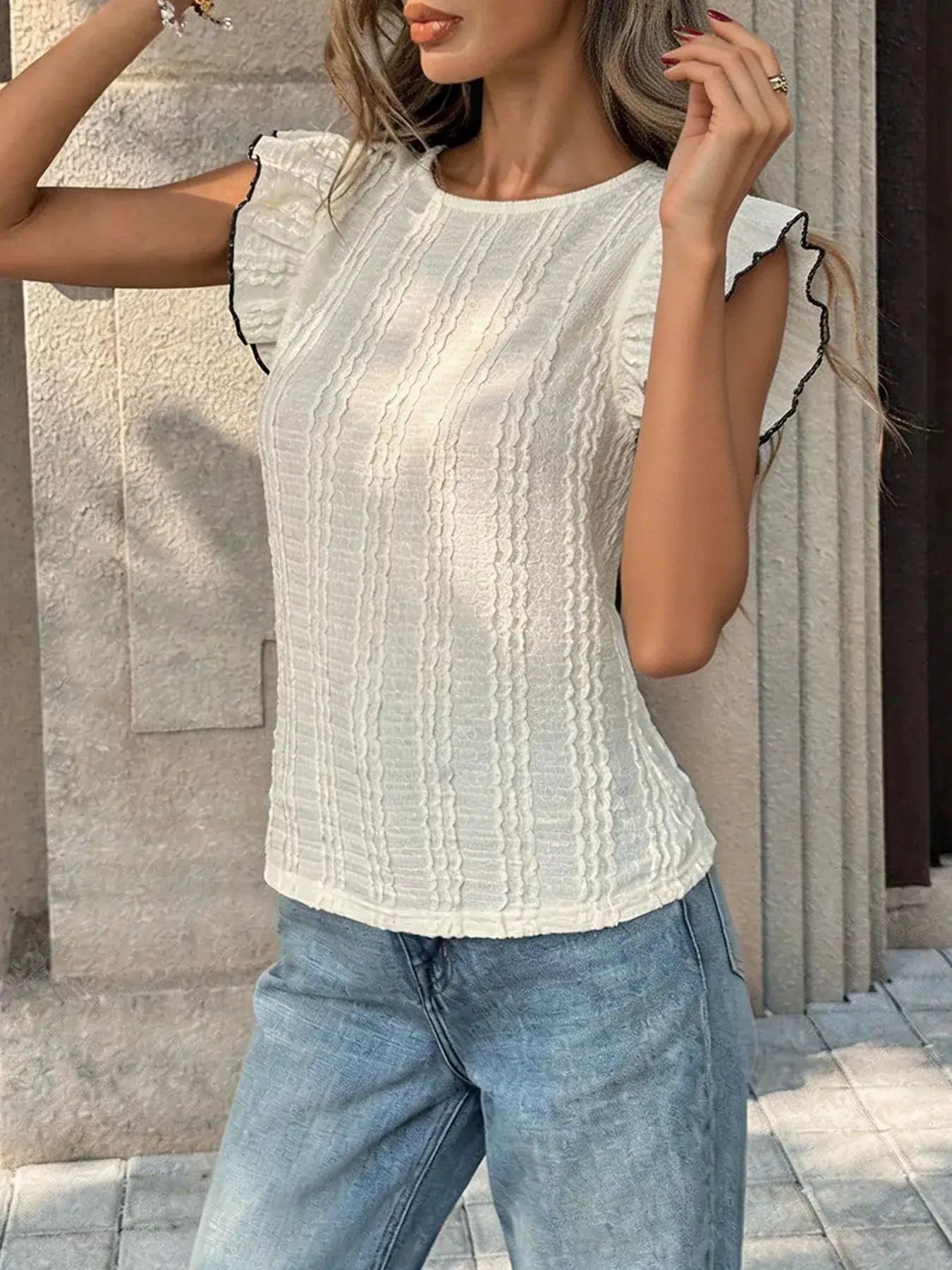 Textured Ruffle Sleeve Slim Fit Top for Women Casual Everyday - Fritsch & Co.