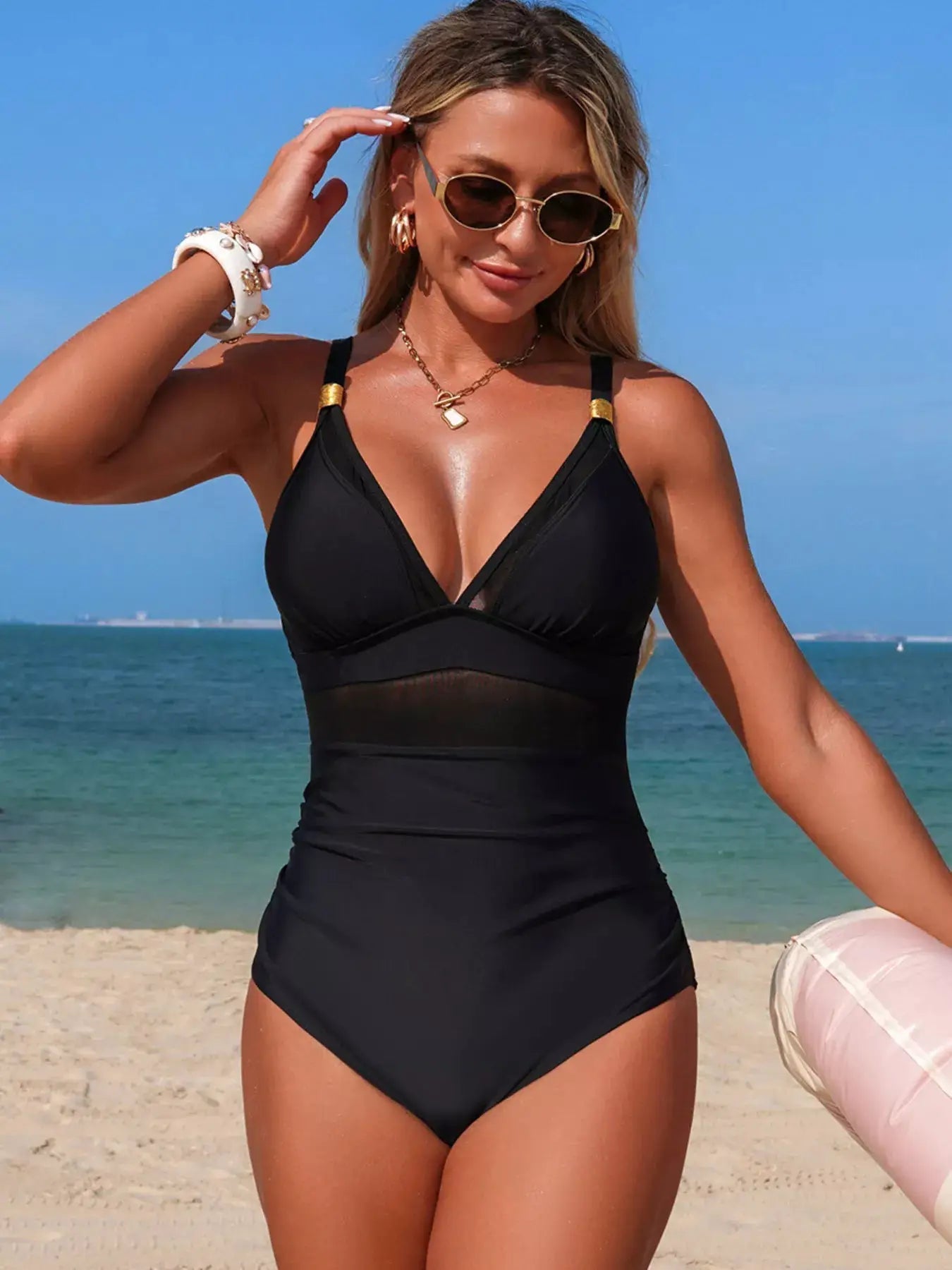 Trendsi Mesh Panel One Piece Swimsuit With Removable Padding Scoop Neck - Fritsch & Co.