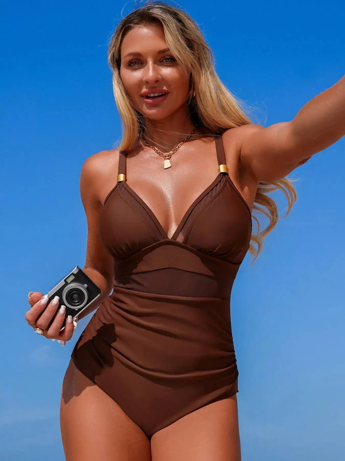 Trendsi Mesh Panel One Piece Swimsuit With Removable Padding Scoop Neck - Fritsch & Co.