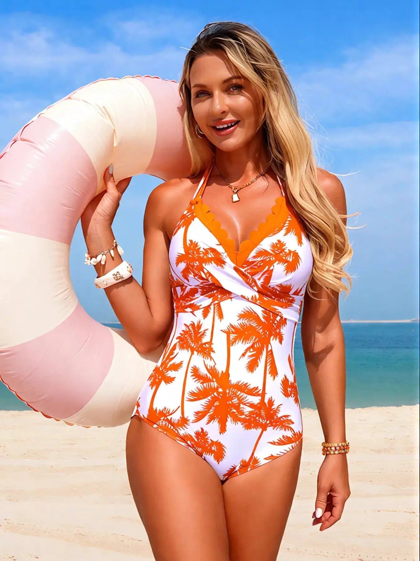 Tropical Palm Print Halter Neck One Piece Swimsuit With Removable Padding - Fritsch & Co.