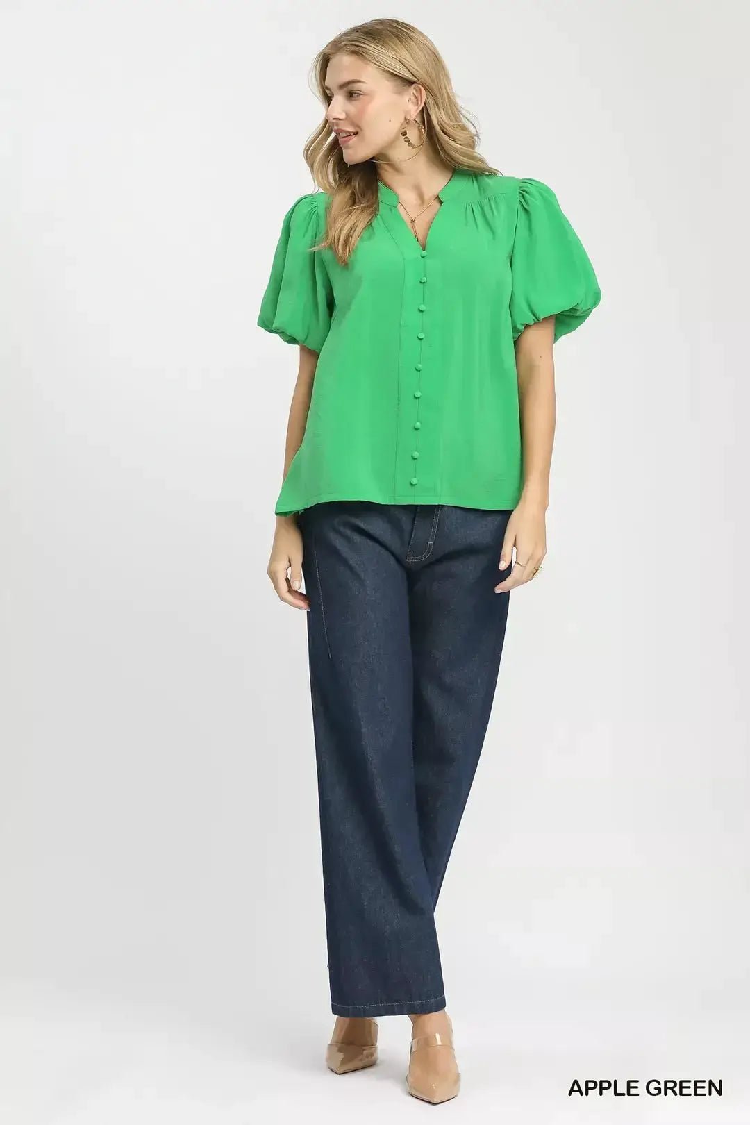 Umgee Button Down Puff Sleeve Shirt Apple Green Relaxed Fit Blouse - Fritsch & Co.