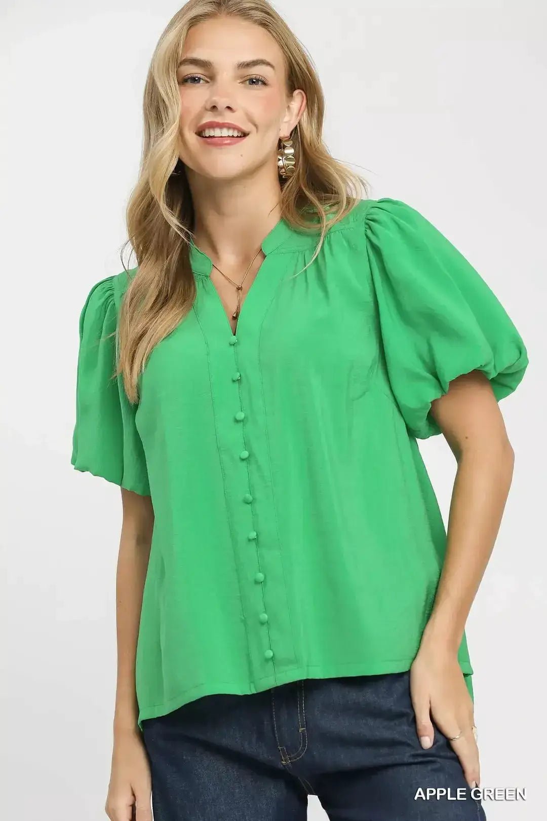 Umgee Button Down Puff Sleeve Shirt Apple Green Relaxed Fit Blouse - Fritsch & Co.