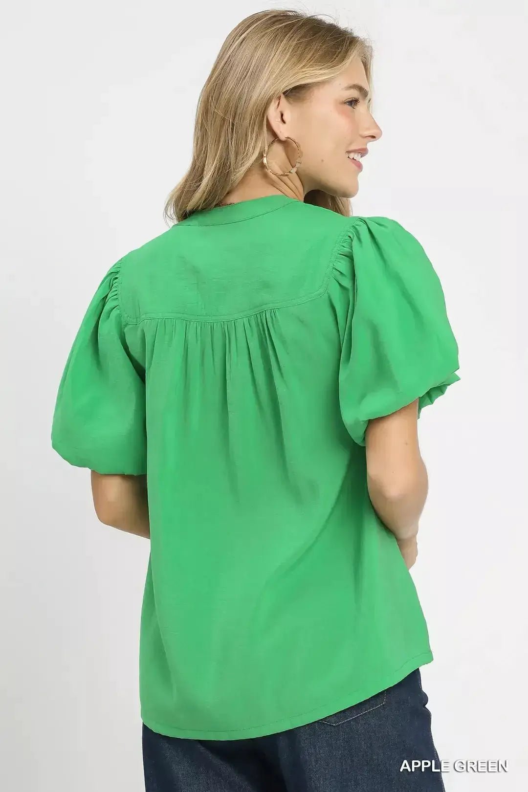 Umgee Button Down Puff Sleeve Shirt Apple Green Relaxed Fit Blouse - Fritsch & Co.