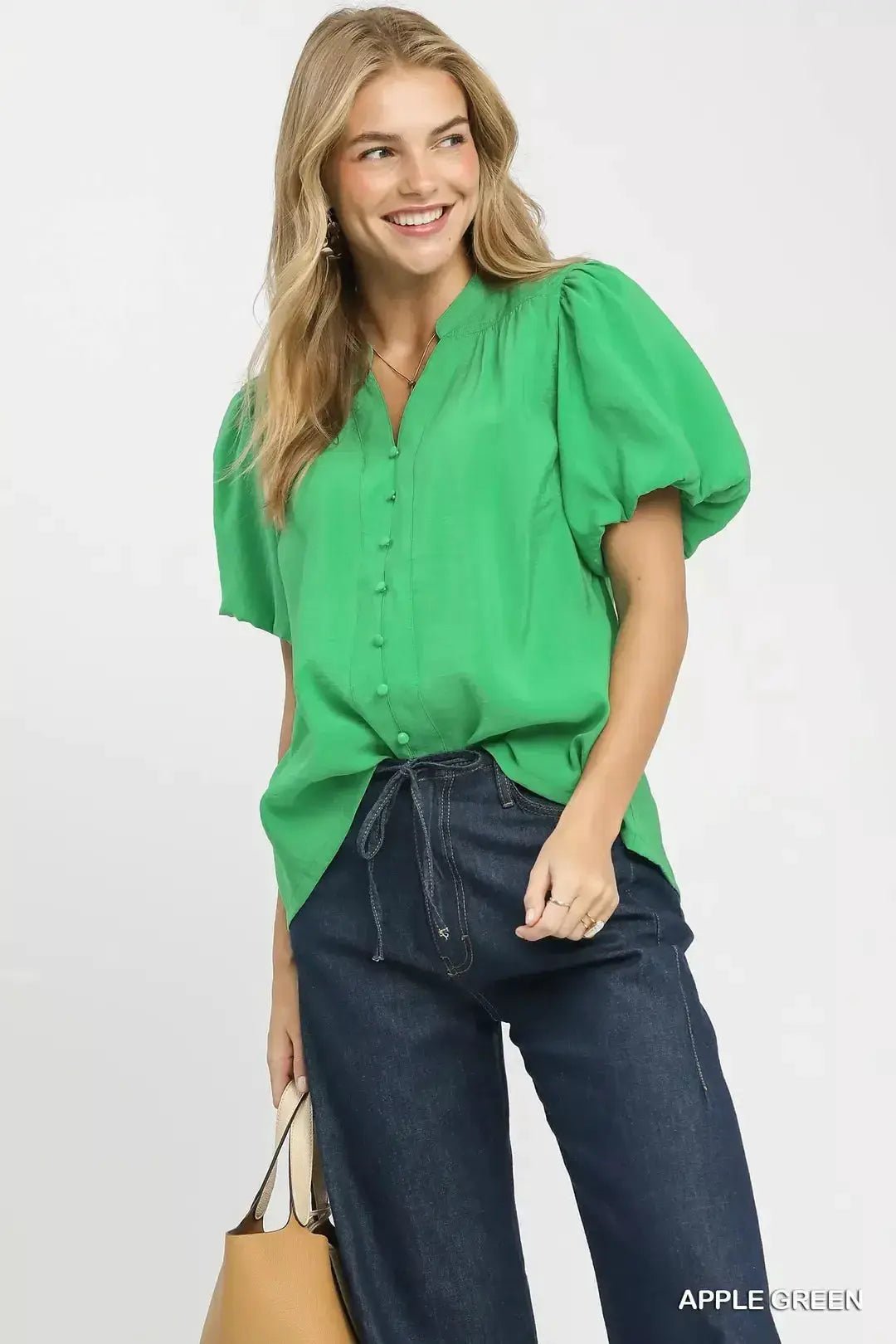 Umgee Button Down Puff Sleeve Shirt Apple Green Relaxed Fit Blouse - Fritsch & Co.