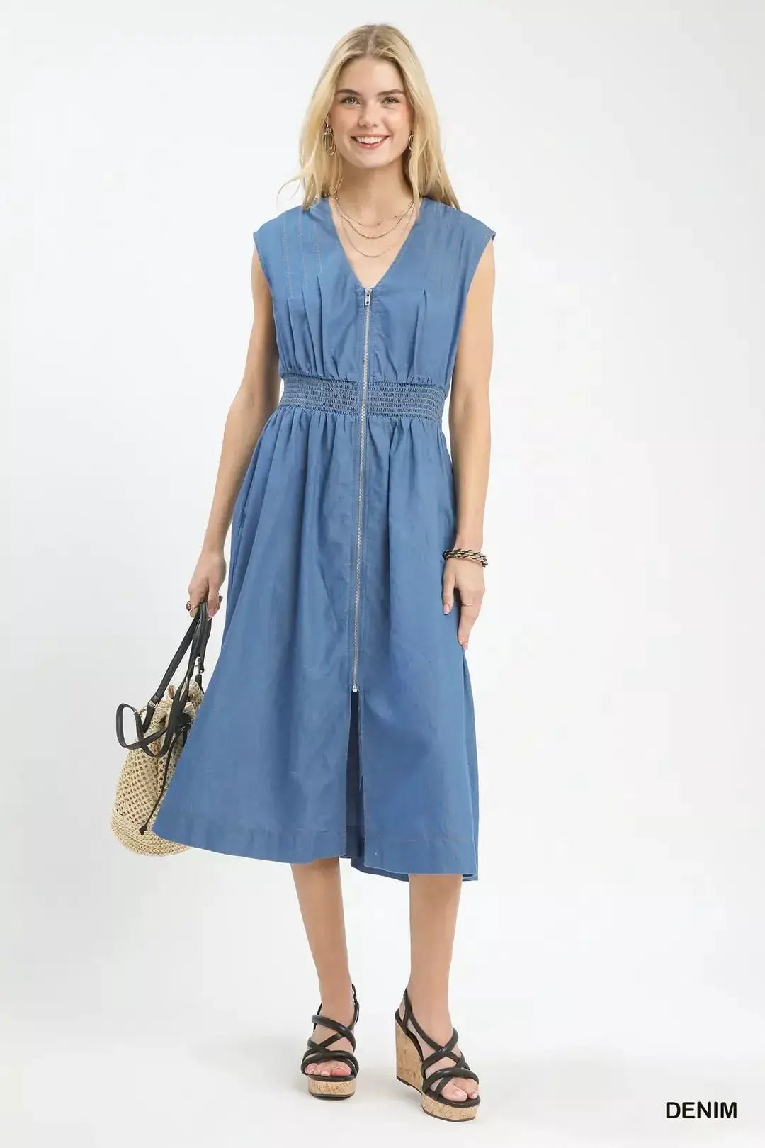 Umgee Denim Sleeveless Zip - Front Smocked Waist Midi Dress - Fritsch & Co.