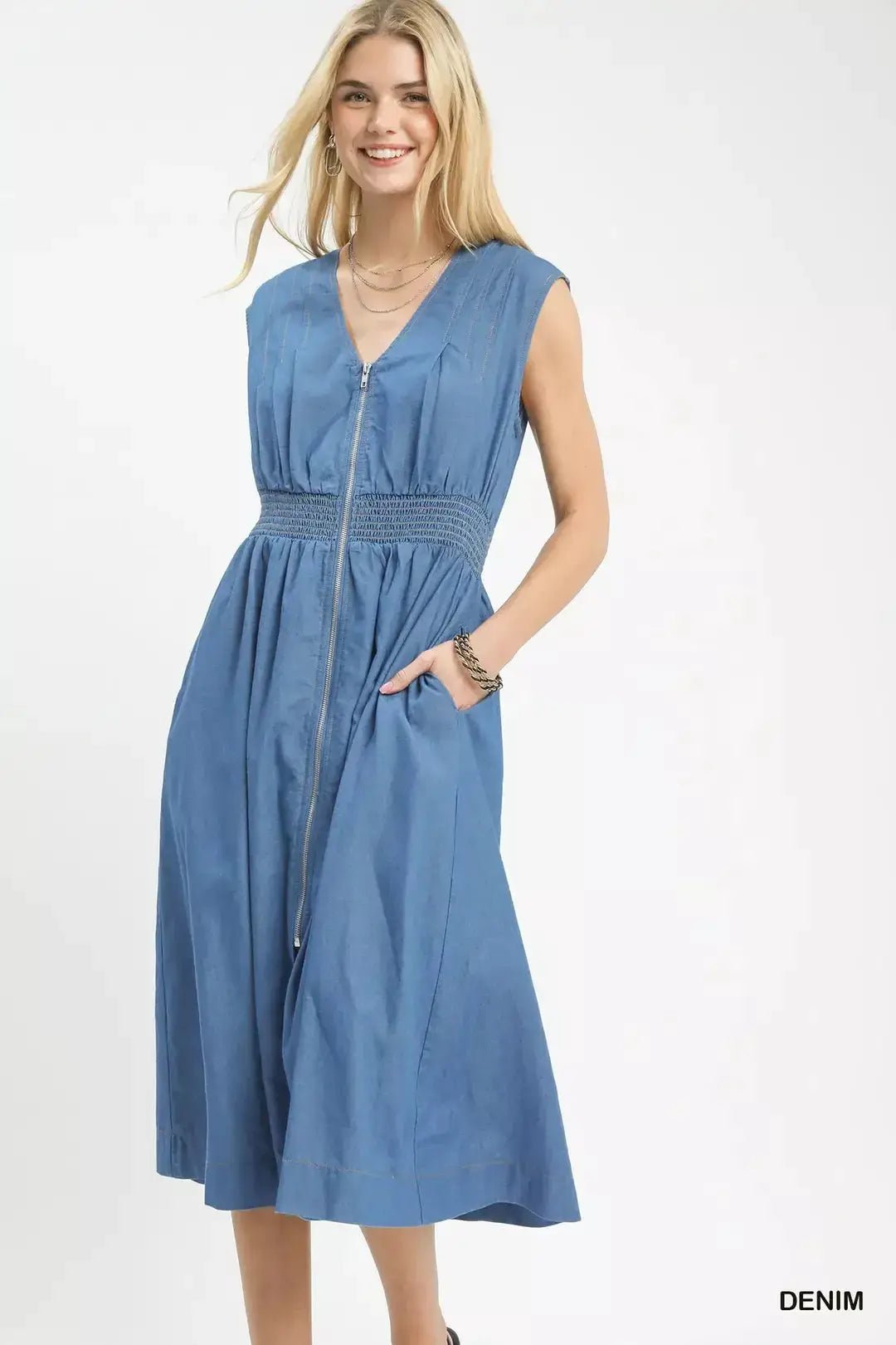 Umgee Denim Sleeveless Zip - Front Smocked Waist Midi Dress - Fritsch & Co.