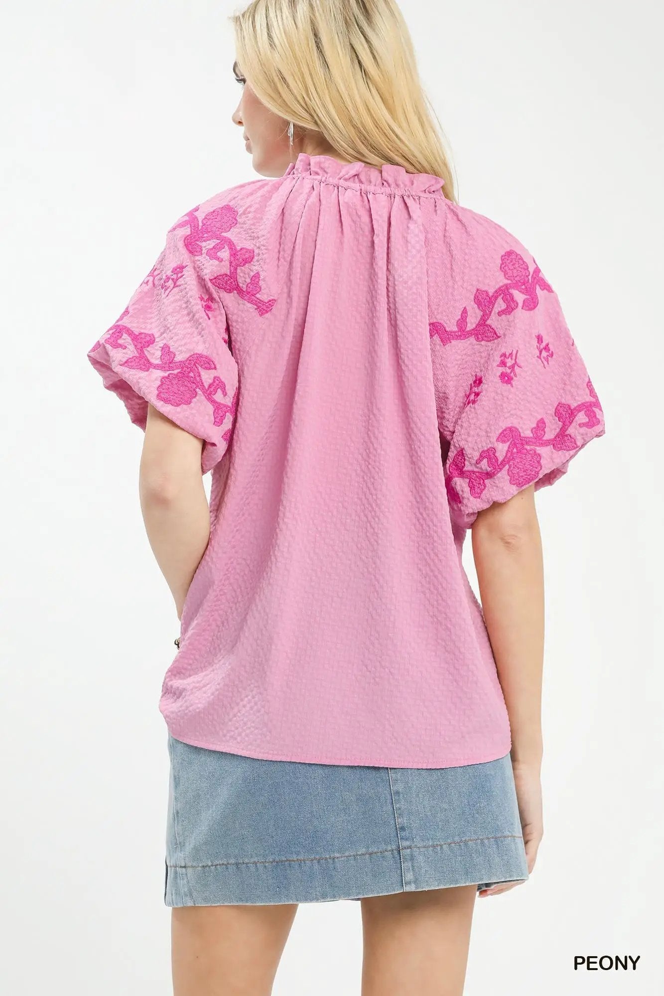 Umgee Embroidered Textured Flutter Sleeve Top Pink - Fritsch & Co.