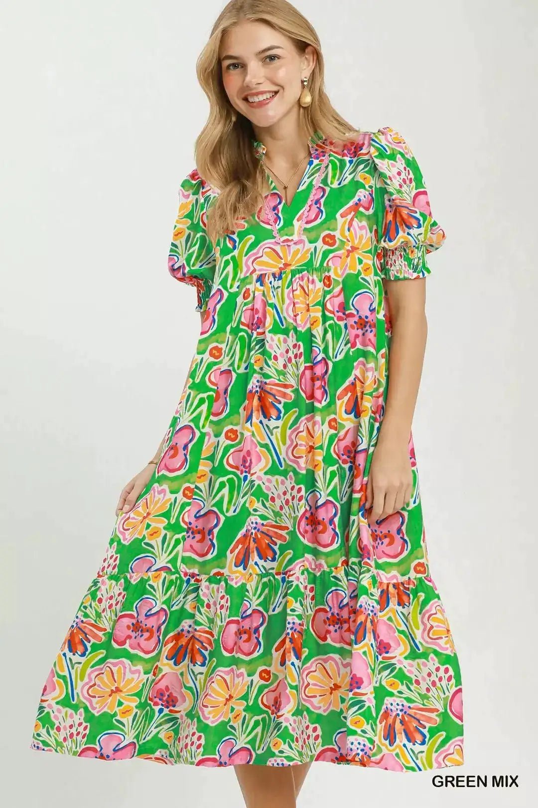 Umgee Floral Print Puff Sleeve Tiered Midi Dress - Fritsch & Co.