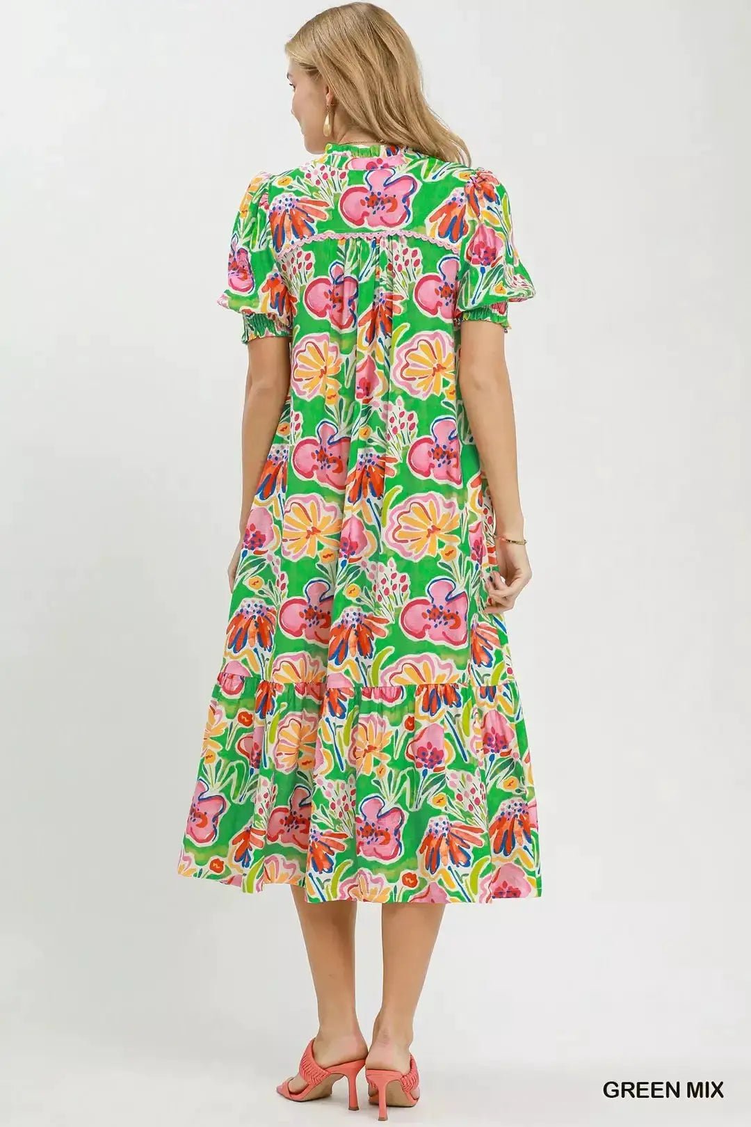 Umgee Floral Print Puff Sleeve Tiered Midi Dress - Fritsch & Co.