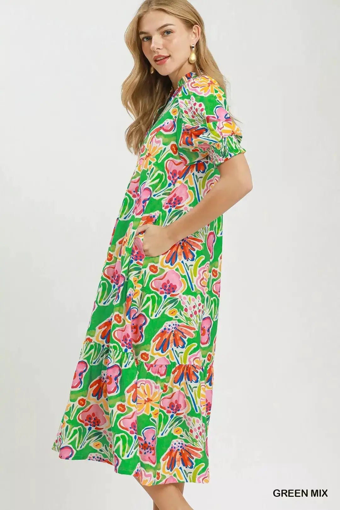 Umgee Floral Print Puff Sleeve Tiered Midi Dress - Fritsch & Co.