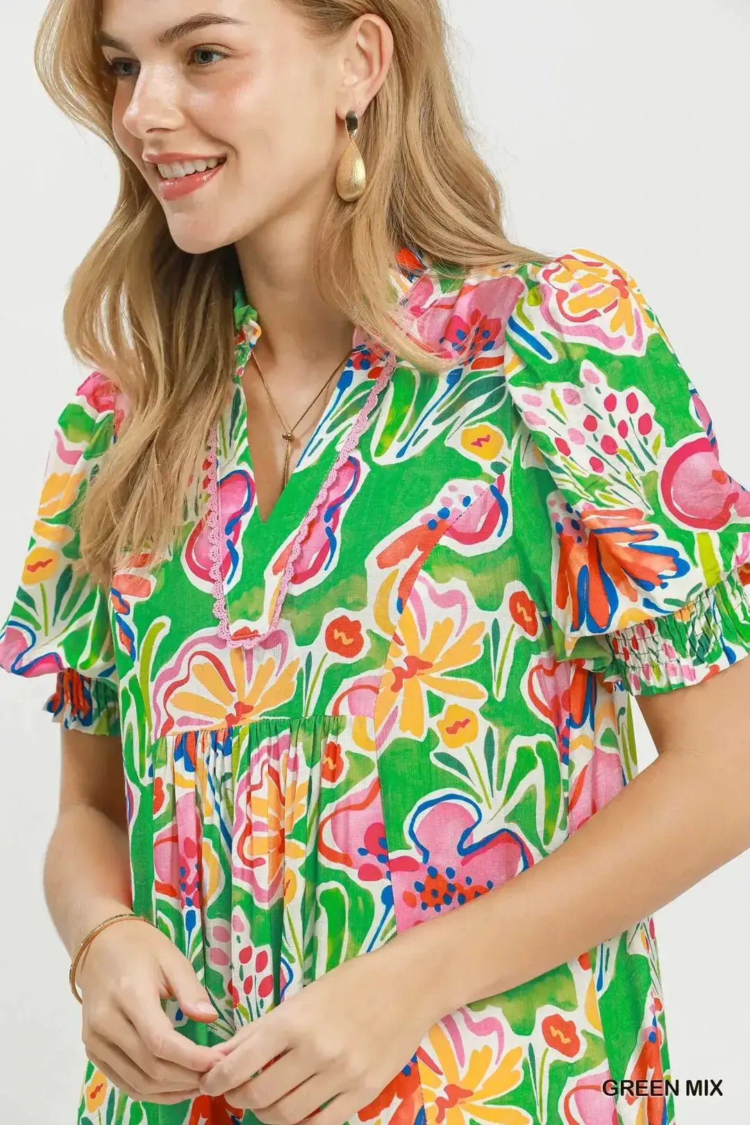 Umgee Floral Print Puff Sleeve Tiered Midi Dress - Fritsch & Co.