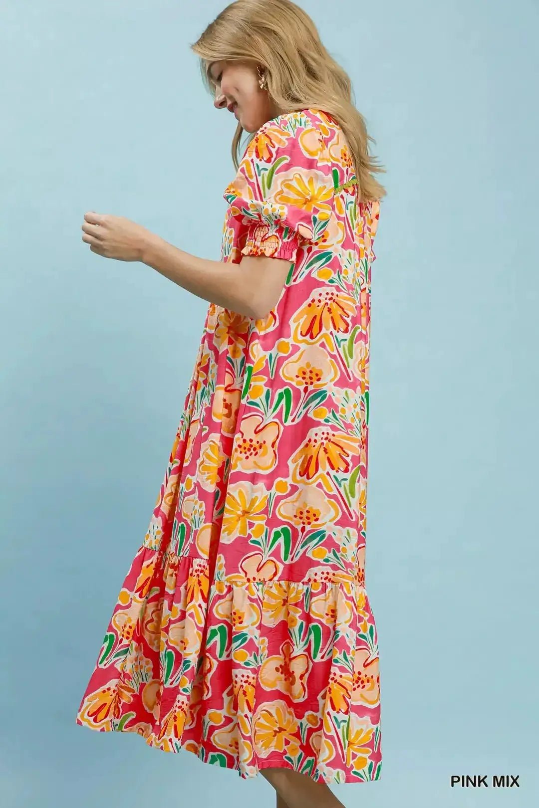 Umgee Floral Print Puff Sleeve Tiered Midi Dress - Fritsch & Co.