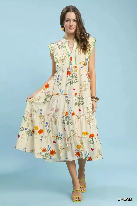 Umgee Floral Ruffle Tiered Midi Dress with Scalloped Detail - Fritsch & Co.