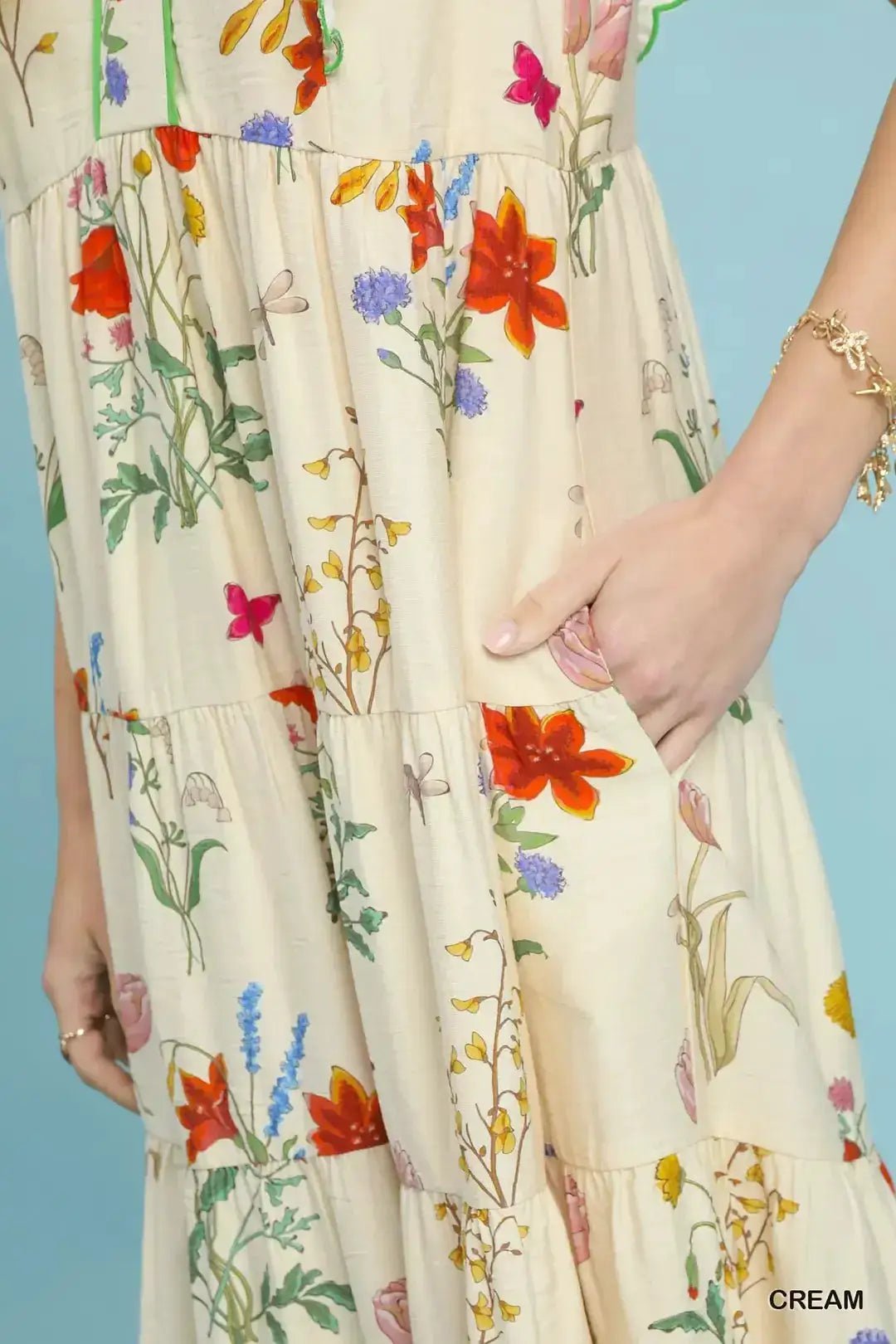Umgee Floral Ruffle Tiered Midi Dress with Scalloped Detail - Fritsch & Co.