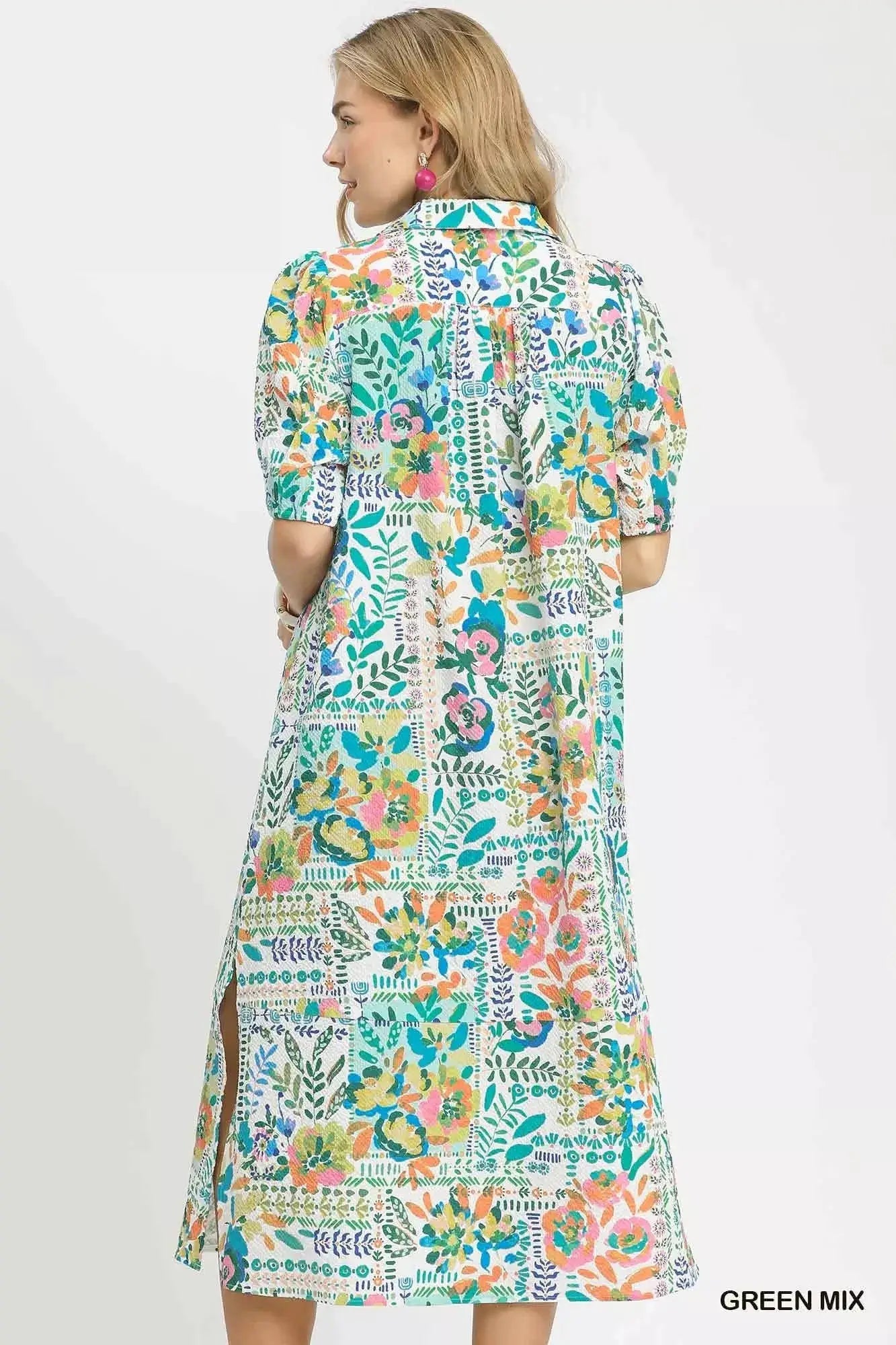 Umgee Folk Print Midi Dress with Side Pockets - Fritsch & Co.
