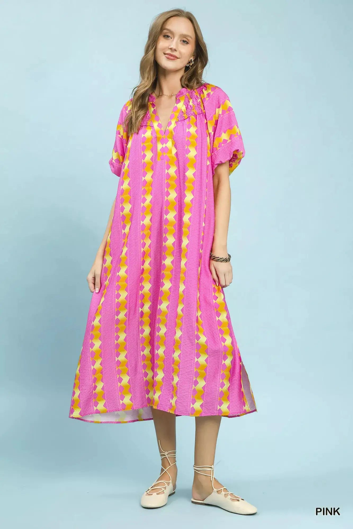 Umgee Geo Stripe Smocked Waist Tie Dress - Fritsch & Co.