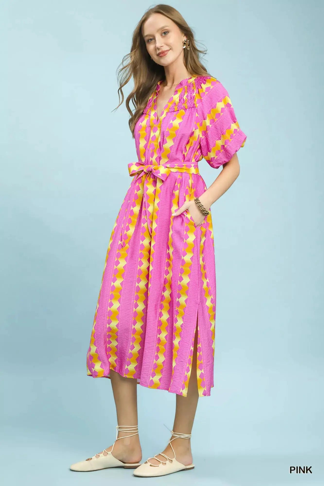 Umgee Geo Stripe Smocked Waist Tie Dress - Fritsch & Co.