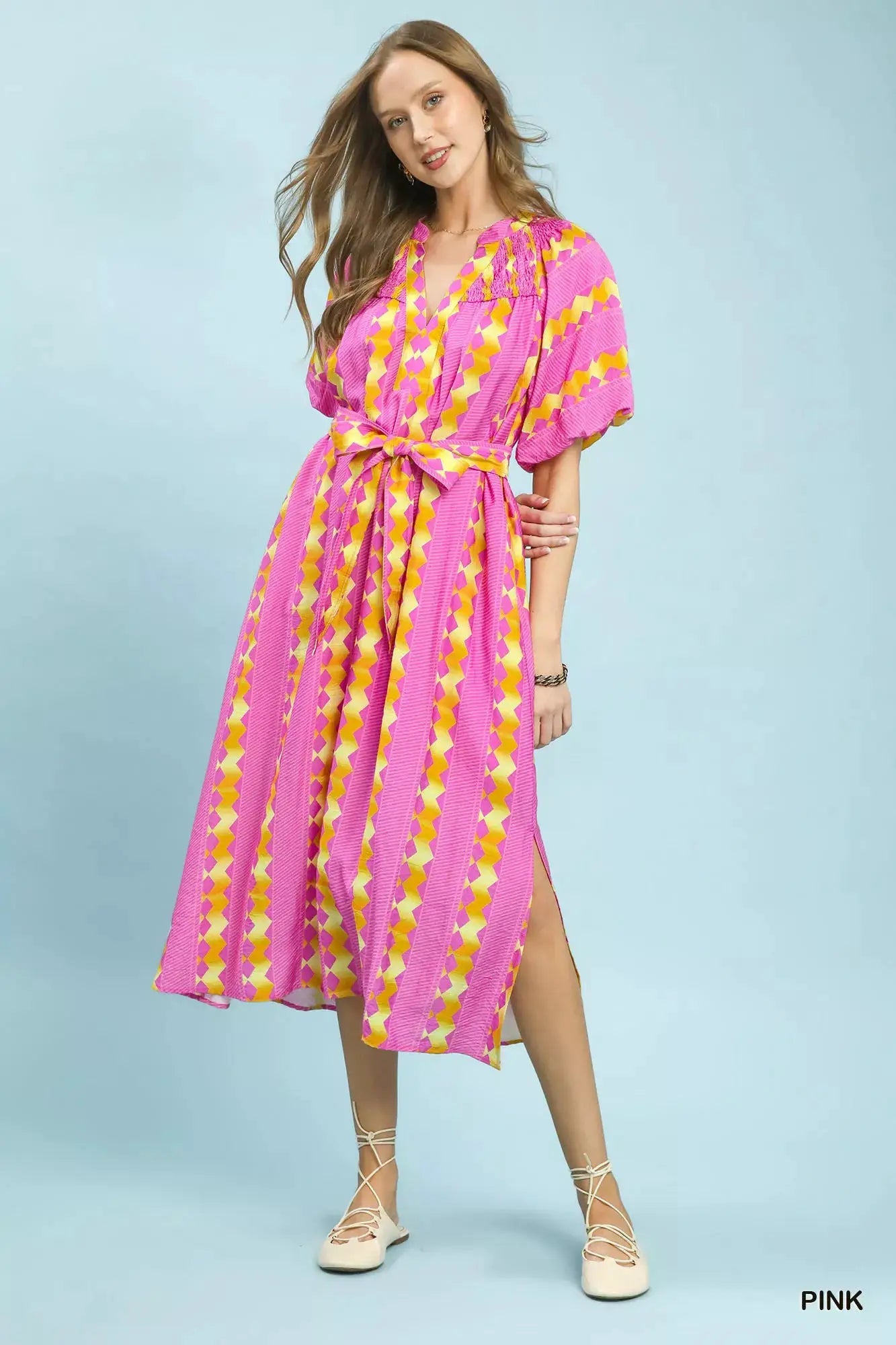 Umgee Geo Stripe Smocked Waist Tie Dress - Fritsch & Co.