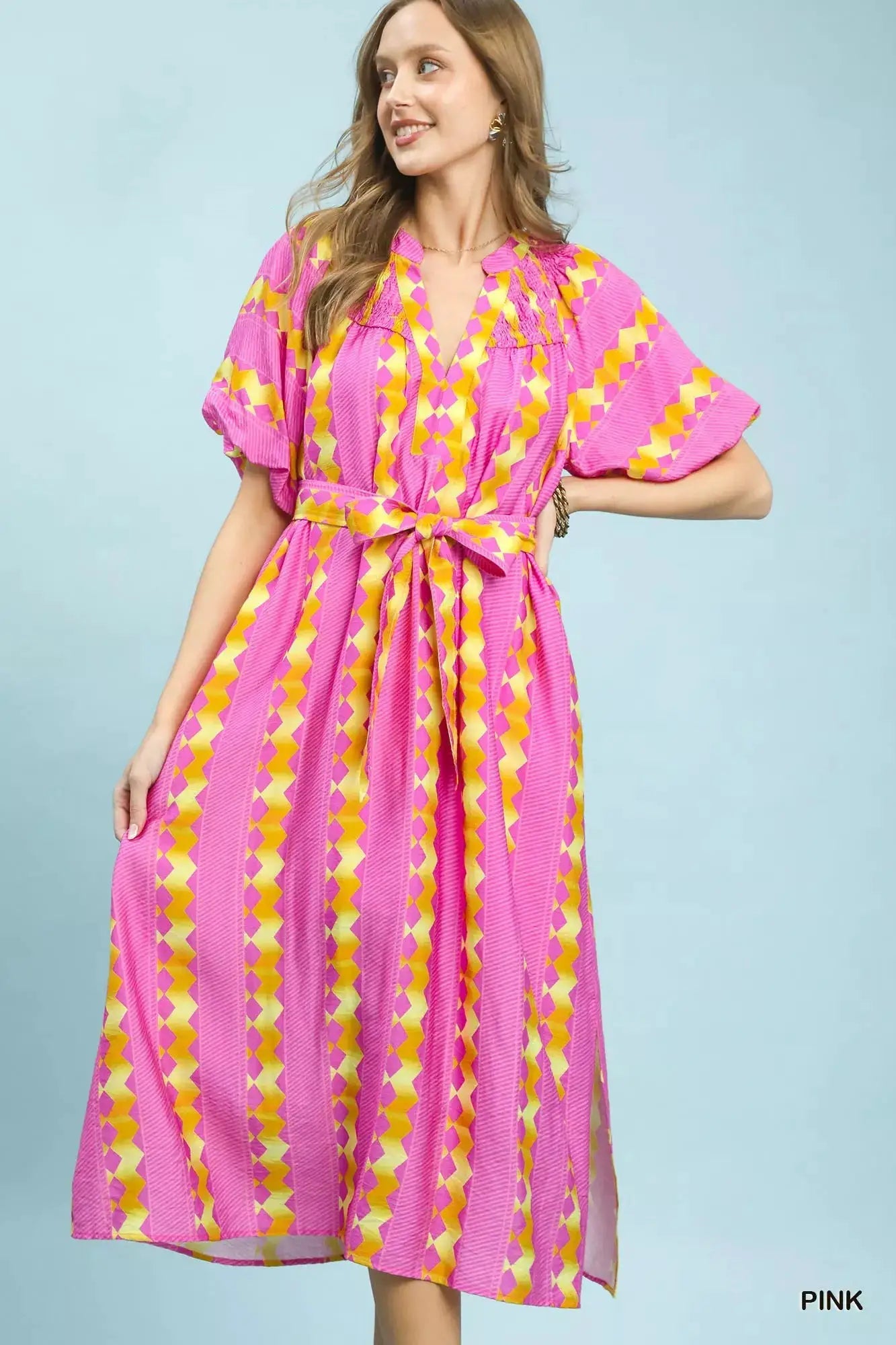 Umgee Geo Stripe Smocked Waist Tie Dress - Fritsch & Co.