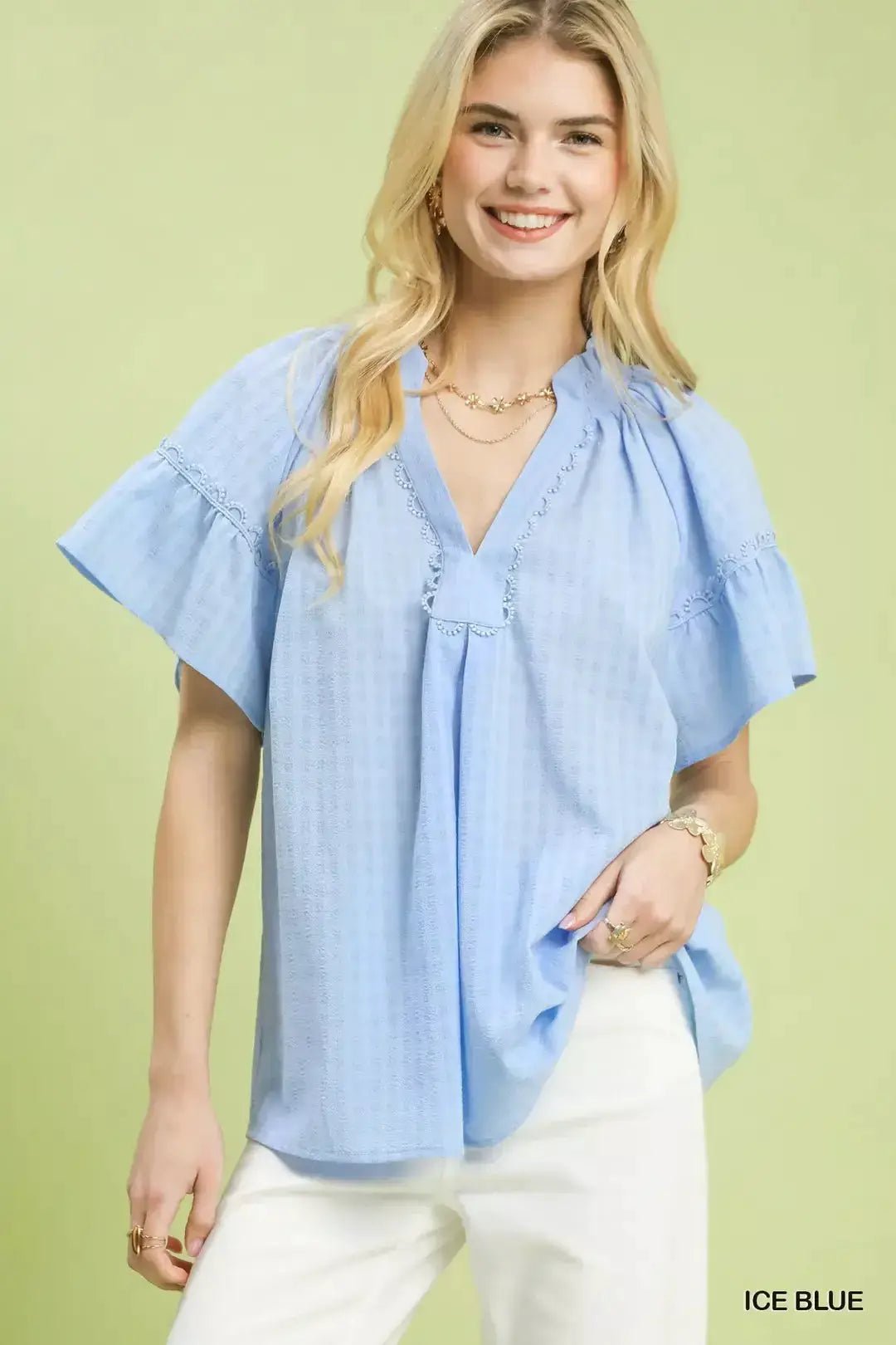 Umgee Gingham Puff Sleeve Top With Lace Trim In Ice Blue - Fritsch & Co.