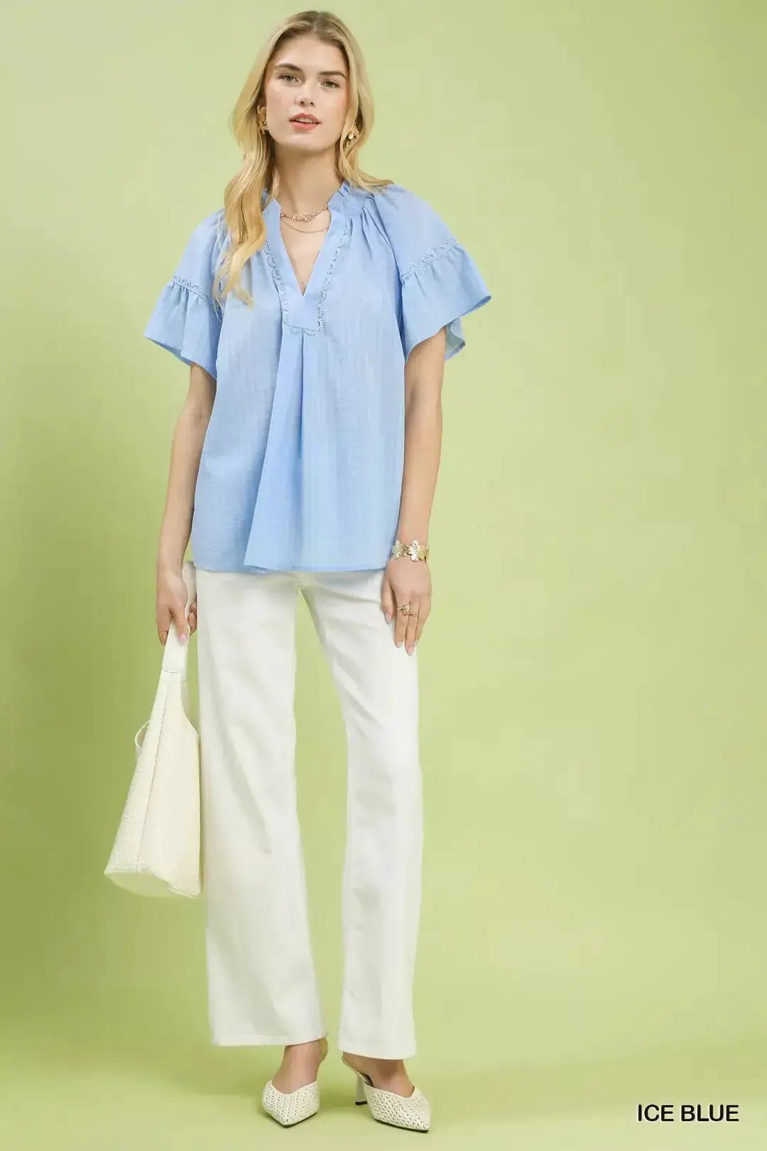 Umgee Gingham Puff Sleeve Top With Lace Trim In Ice Blue - Fritsch & Co.