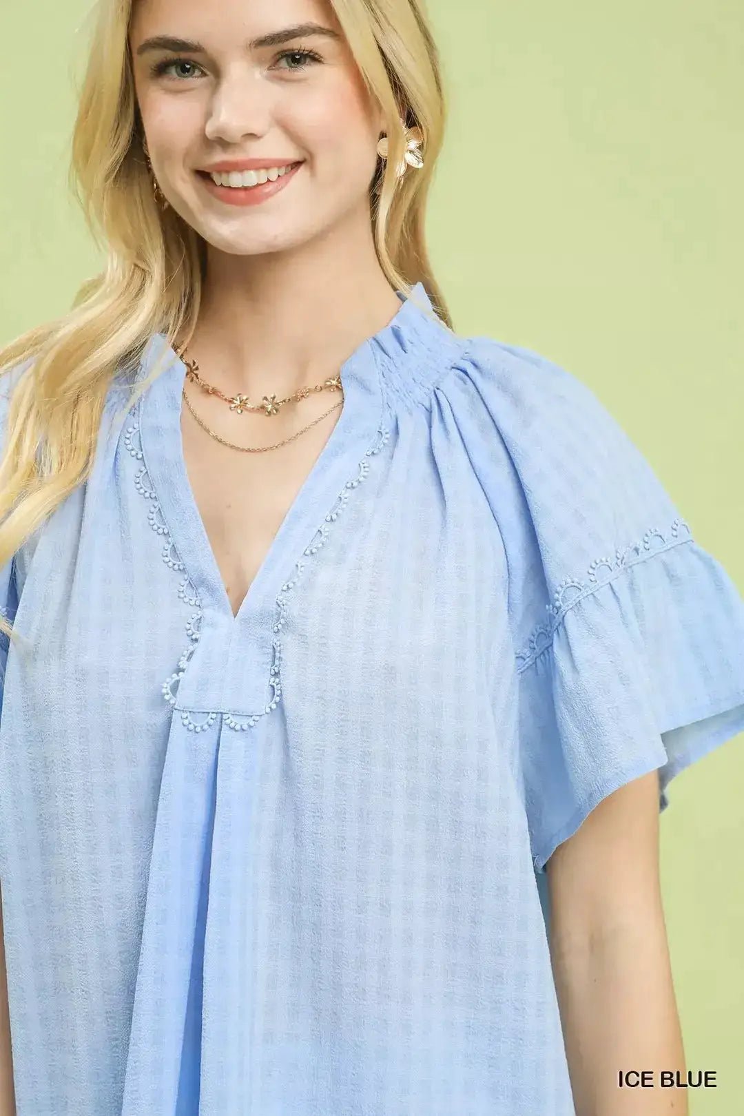 Umgee Gingham Puff Sleeve Top With Lace Trim In Ice Blue - Fritsch & Co.