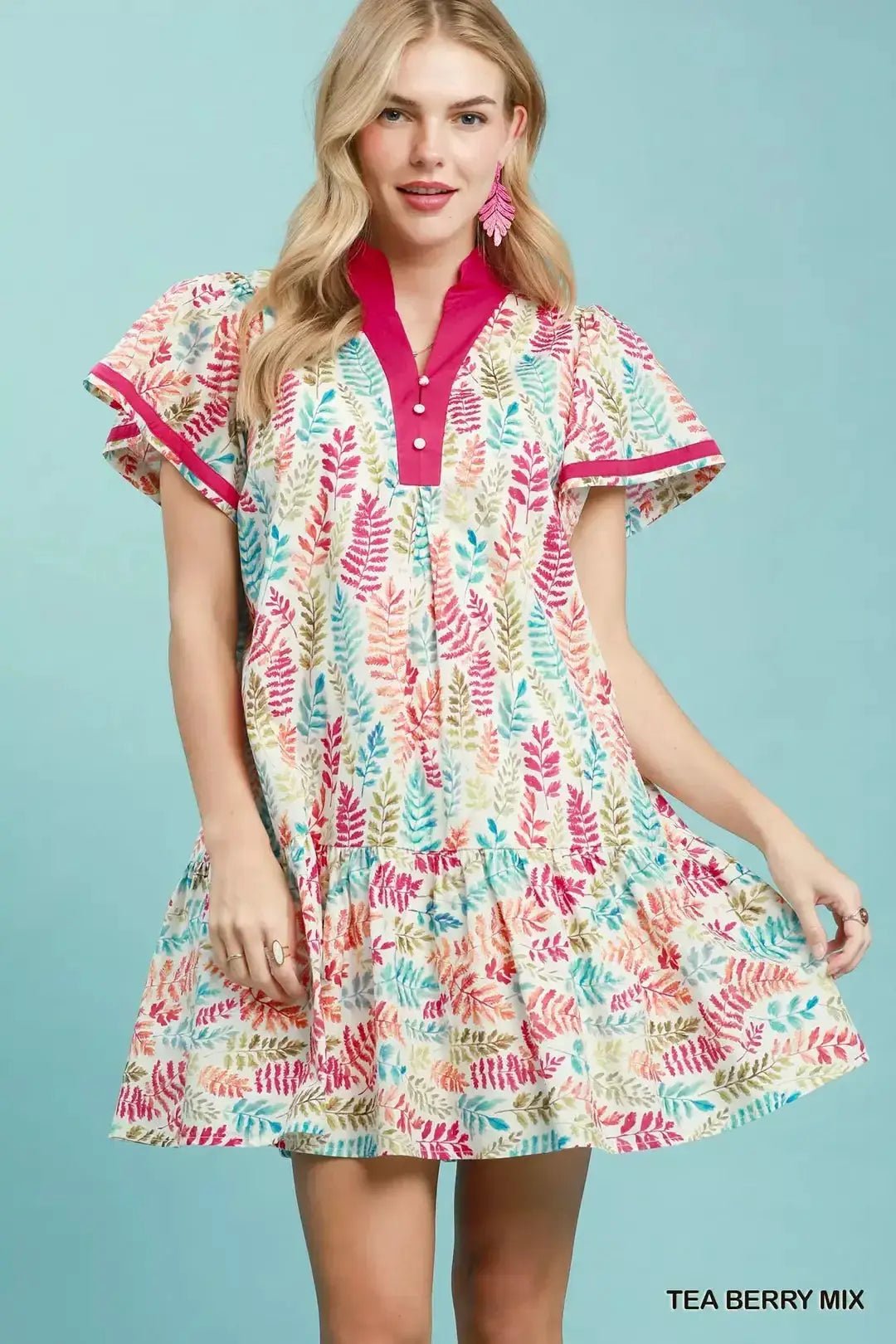 Umgee Leaf Print Flutter Sleeve Tiered Mini Dress - Fritsch & Co.
