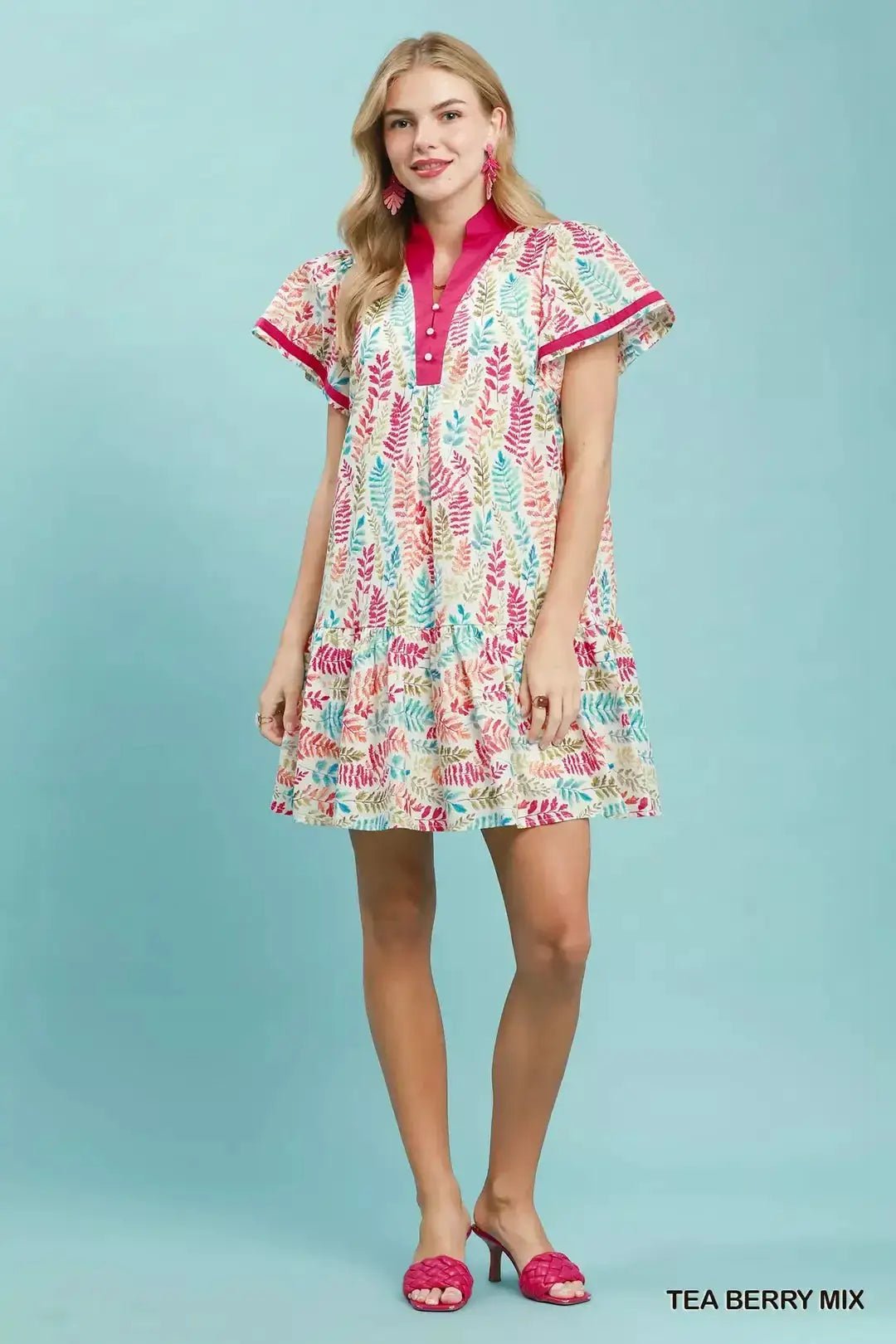 Umgee Leaf Print Flutter Sleeve Tiered Mini Dress - Fritsch & Co.