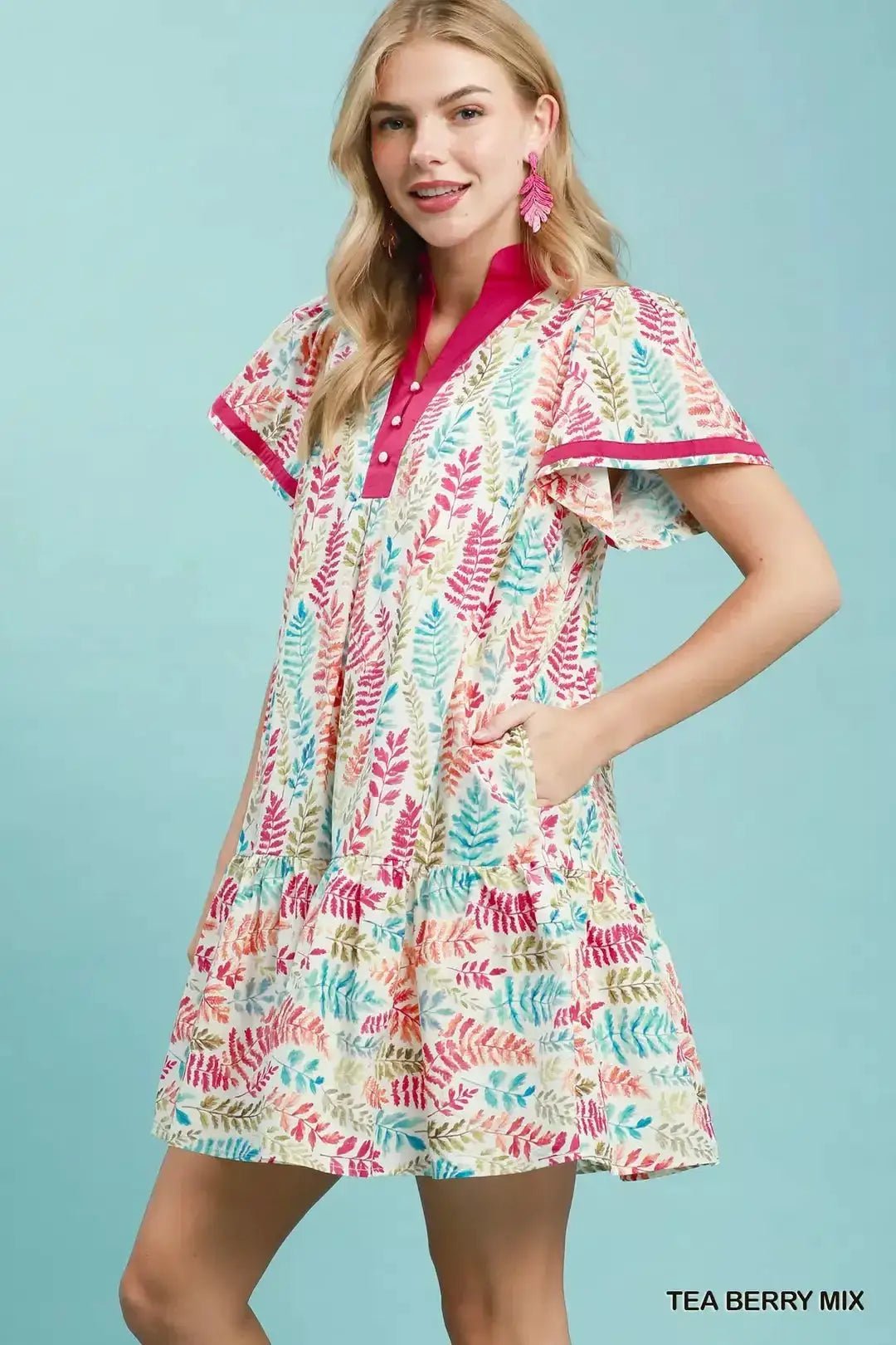 Umgee Leaf Print Flutter Sleeve Tiered Mini Dress - Fritsch & Co.