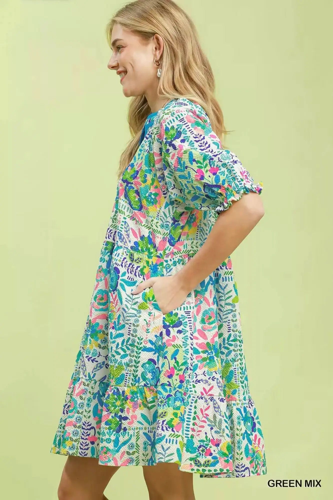 Umgee Mix Botanical Print Puff Sleeve Tiered Dress - Fritsch & Co.