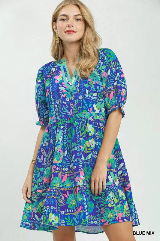 Umgee Mix Botanical Print Puff Sleeve Tiered Dress - Fritsch & Co.
