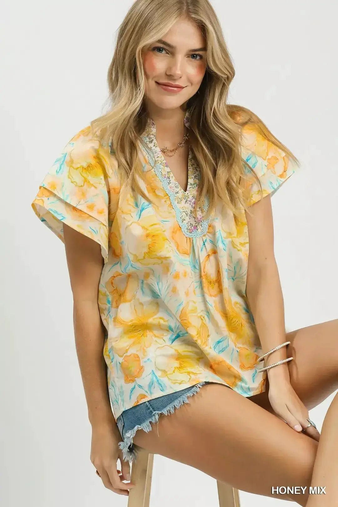 Umgee Mix Floral Print Blouse With Crochet Lace Trim - Fritsch & Co.
