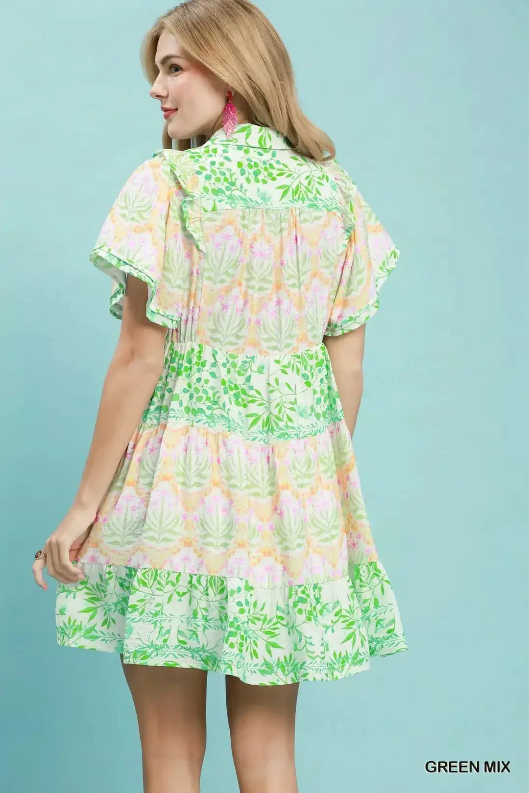 Umgee Mixed Floral Tiered Mini Dress with Flutter Sleeves - Fritsch & Co.