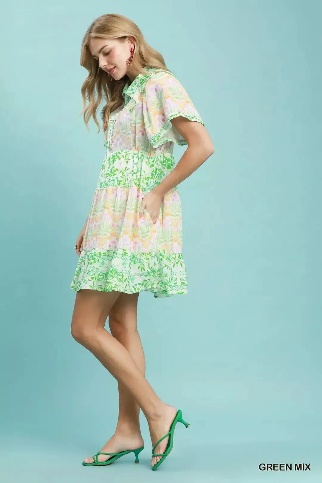 Umgee Mixed Floral Tiered Mini Dress with Flutter Sleeves - Fritsch & Co.
